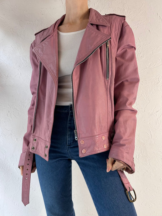 90s 'Leather Ranch' Pink Leather Moto Jacket / Small
