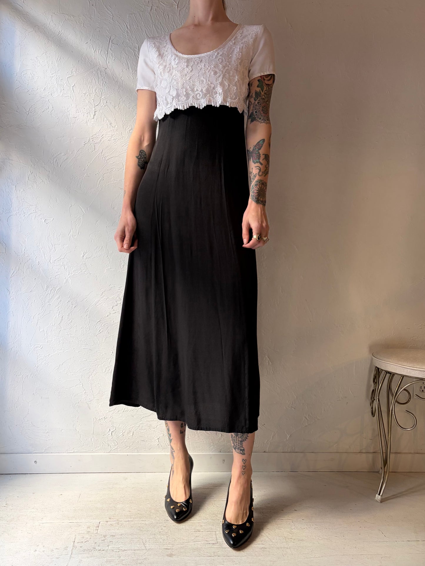90s 'Just Choon' Black and White Midi Dress / Small