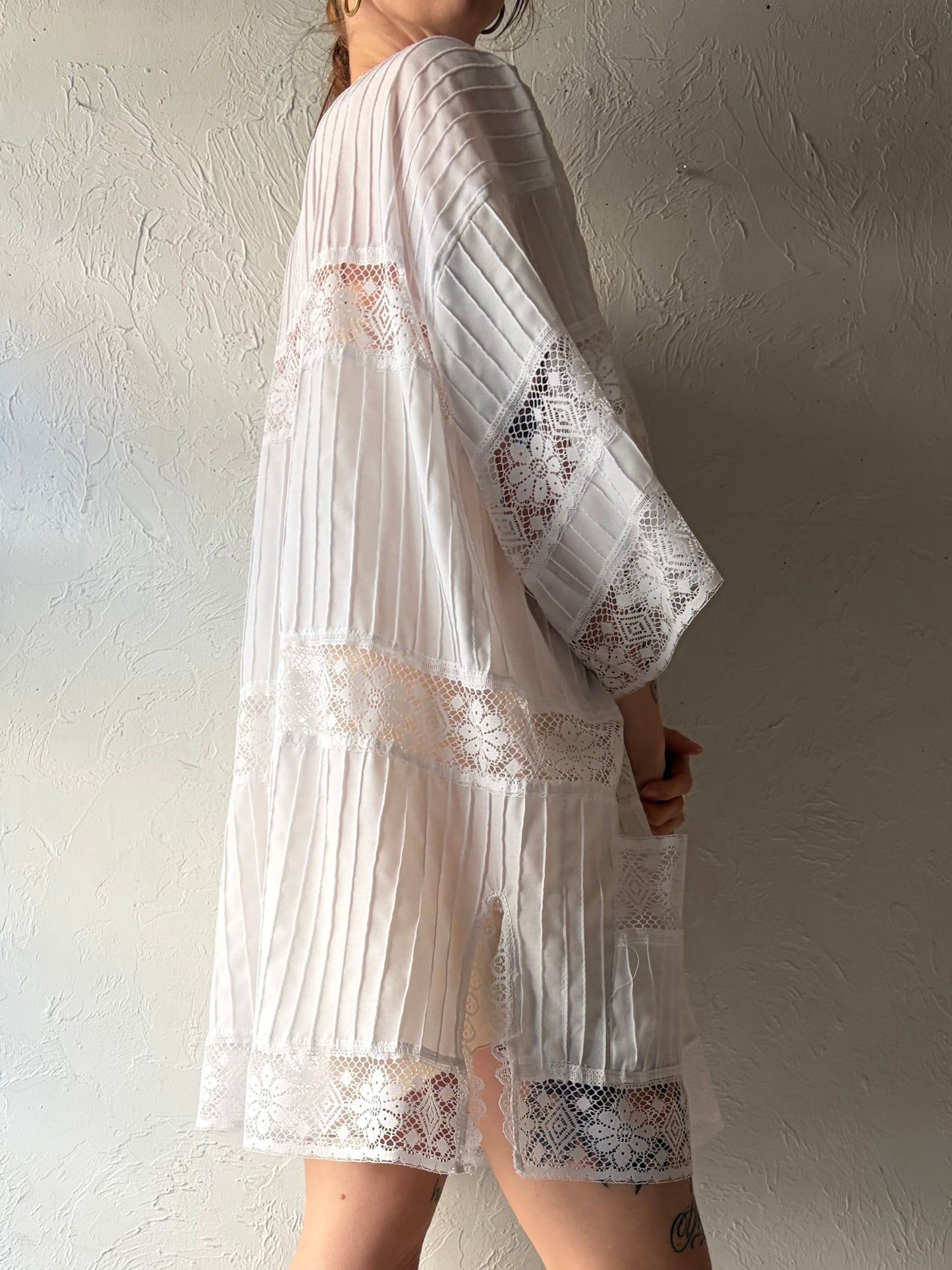 70s White Lace Button Up Blouse / Beach Cover Up / Large