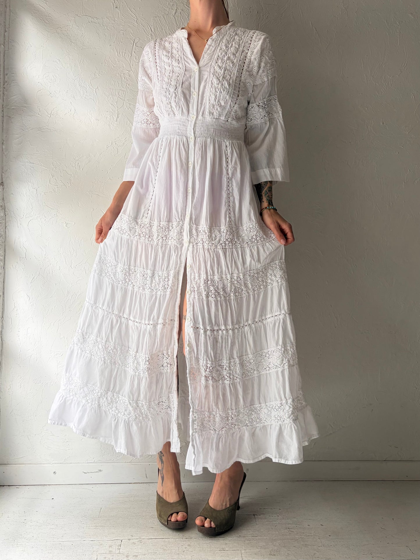 Vintage 'Magic' White Cotton Crochet Hippie Maxi Dress / Medium