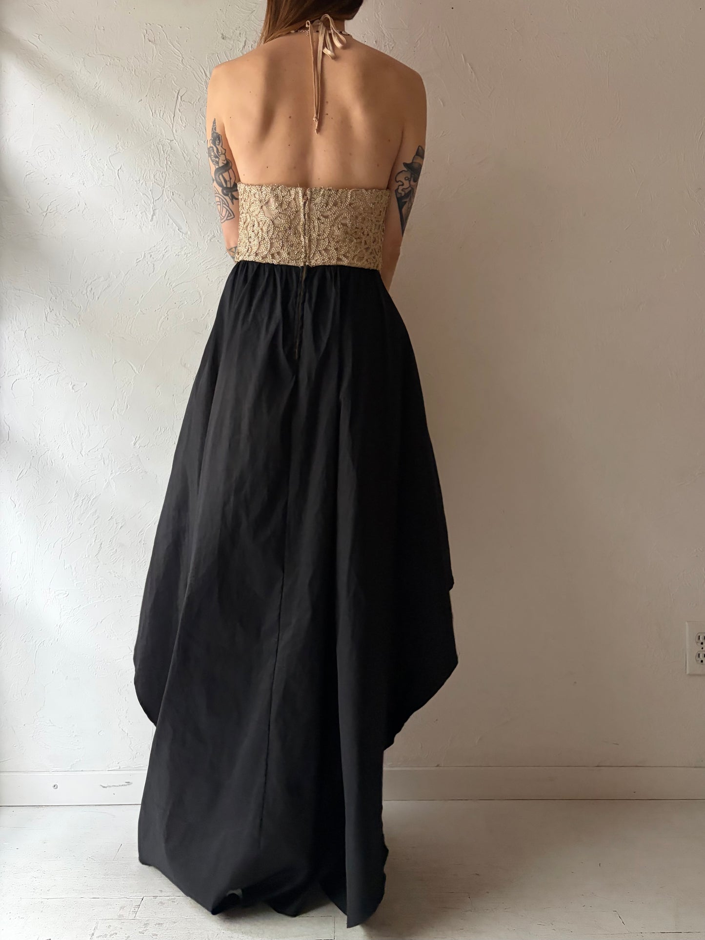 Y2k 'Be Smart' Gold & Black Formal Prom Halter Maxi Dress / Small