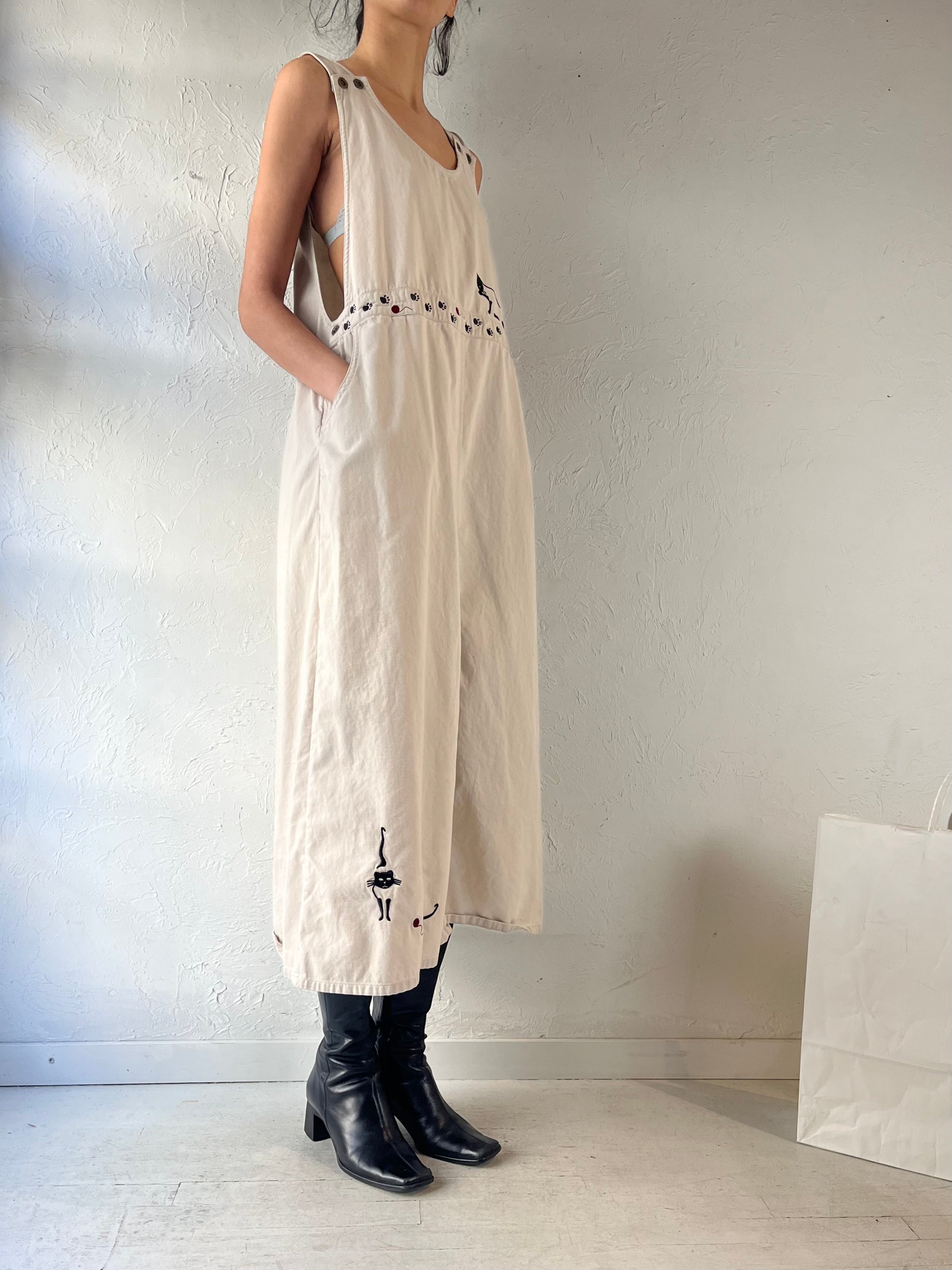 90s ‘Christopher & Banks’ Cream Embroidered Cat Dress / XL