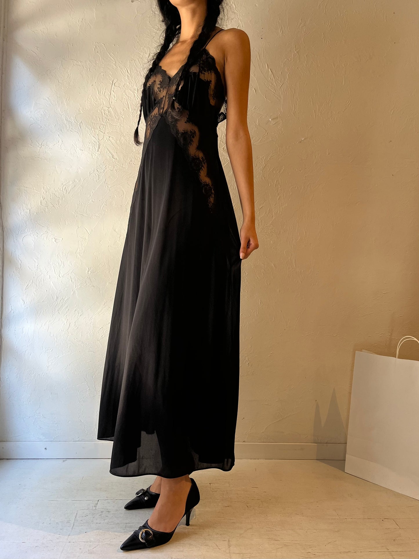 Vintage Black Lacey Slip Dress / Small