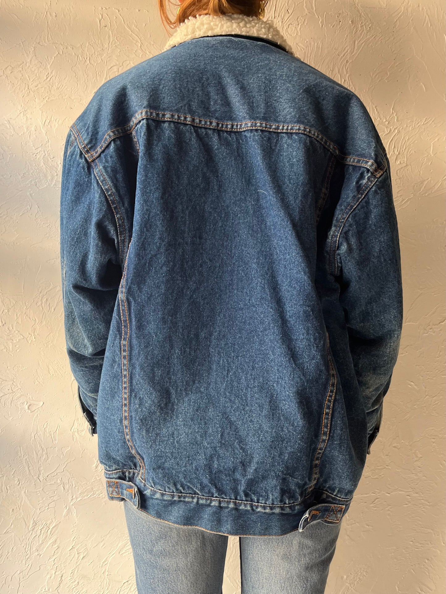80s 'Tangerine' Faux Shearing Lined Denim Work Wear Classic Blue Trucker Jacket / Medium