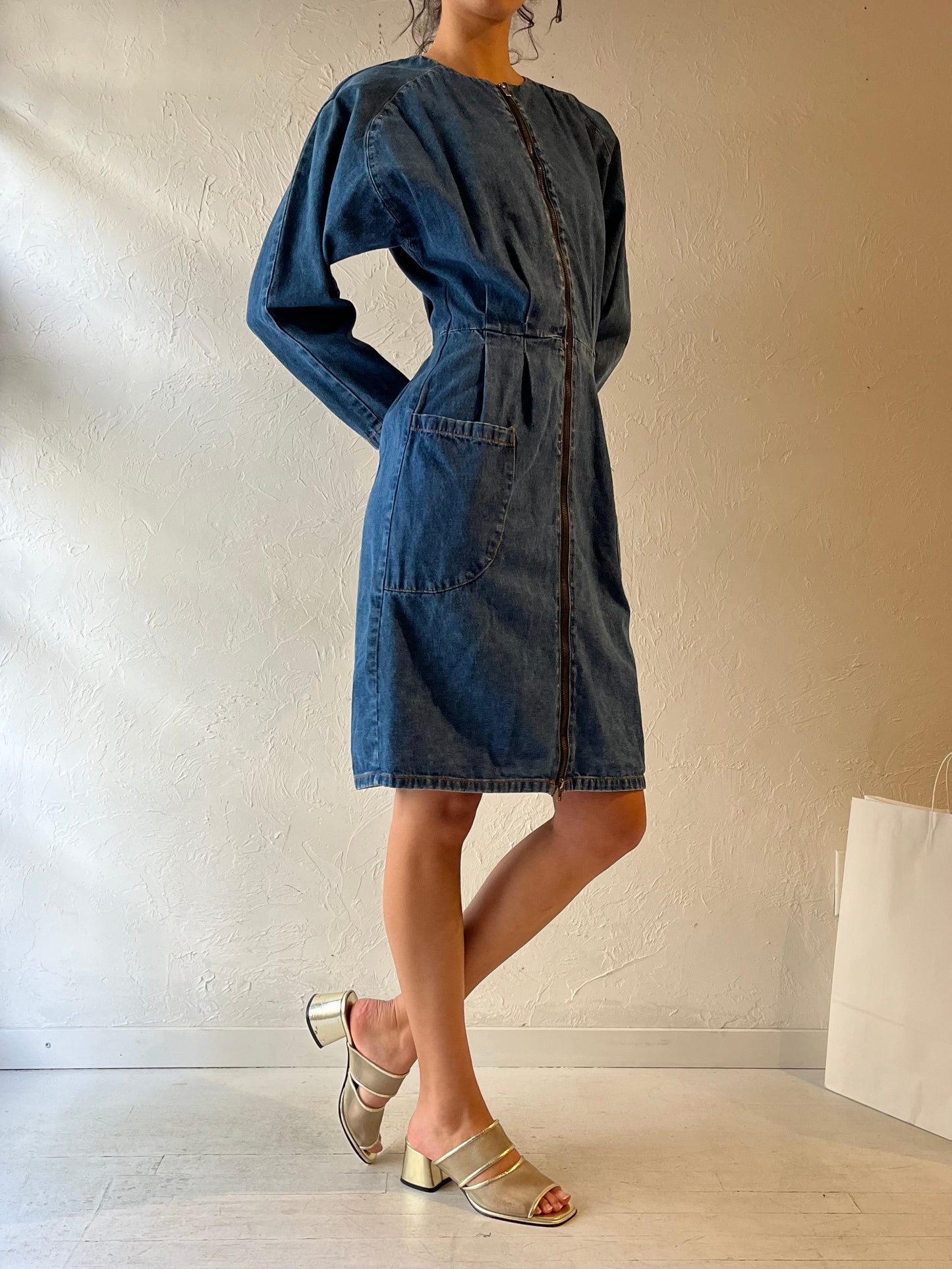 90s ‘CM’ Long Sleeve Denim Mini Dress / Medium