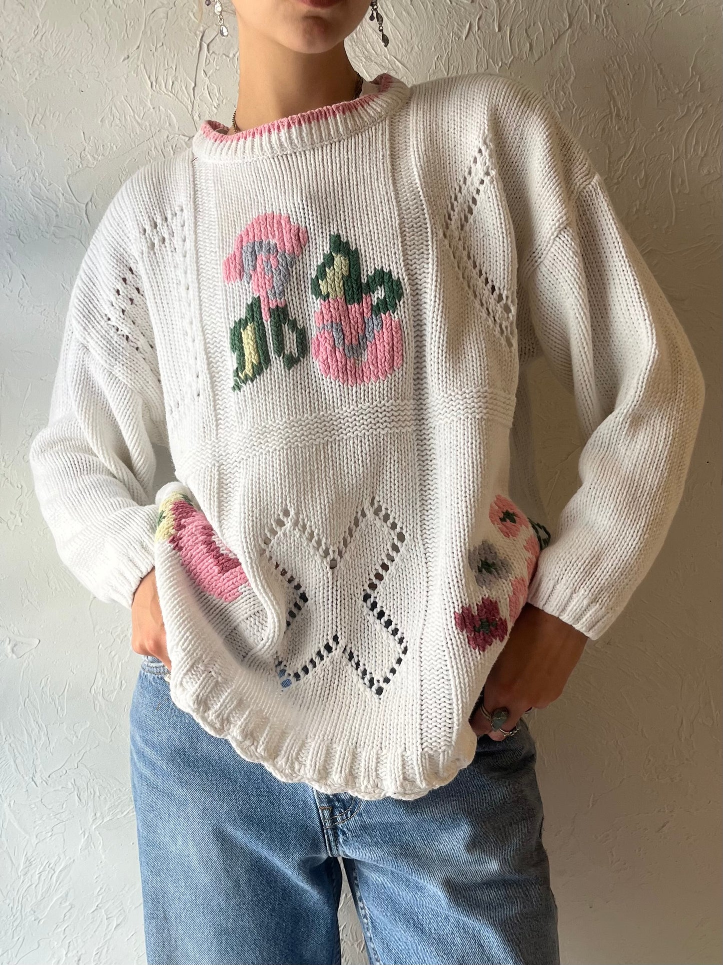 90s 'Street Level' Cotton Ramie Floral Knit Sweater / Large