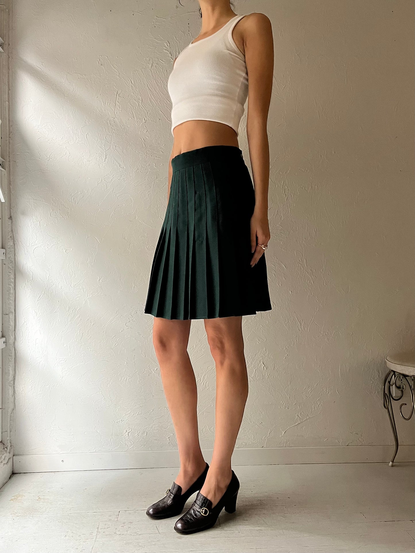 90s 'Amoretti' Green Pleated Mini Skirt / Small