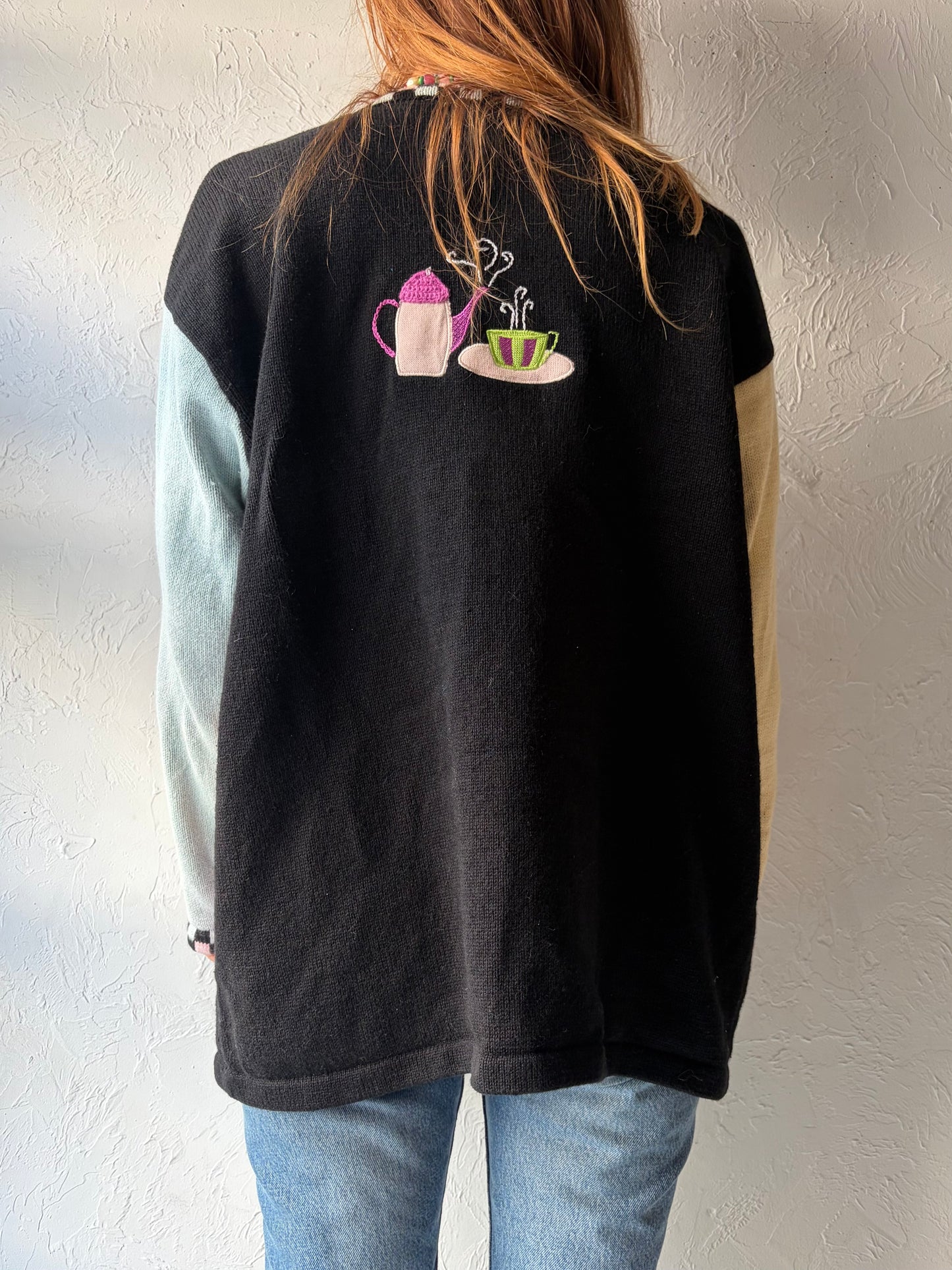 90s 'Story Board Knits' Teapot Cardigan Novelty Knit Sweater Cozy Grandma Cottagecore Retro Button Up / XXL