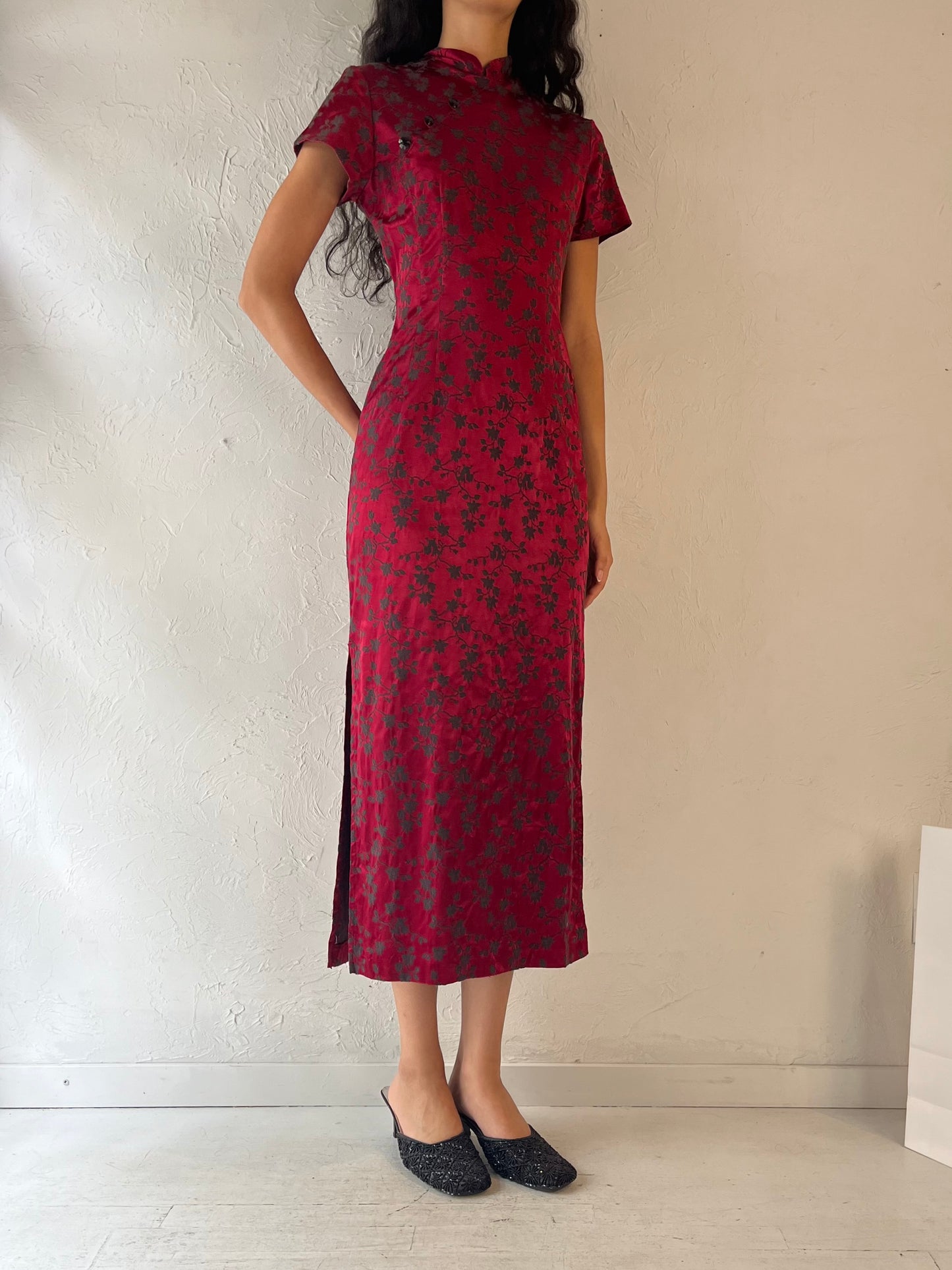 90s 'Amoretti' Red Embroidered Floral Dress / Small - Medium