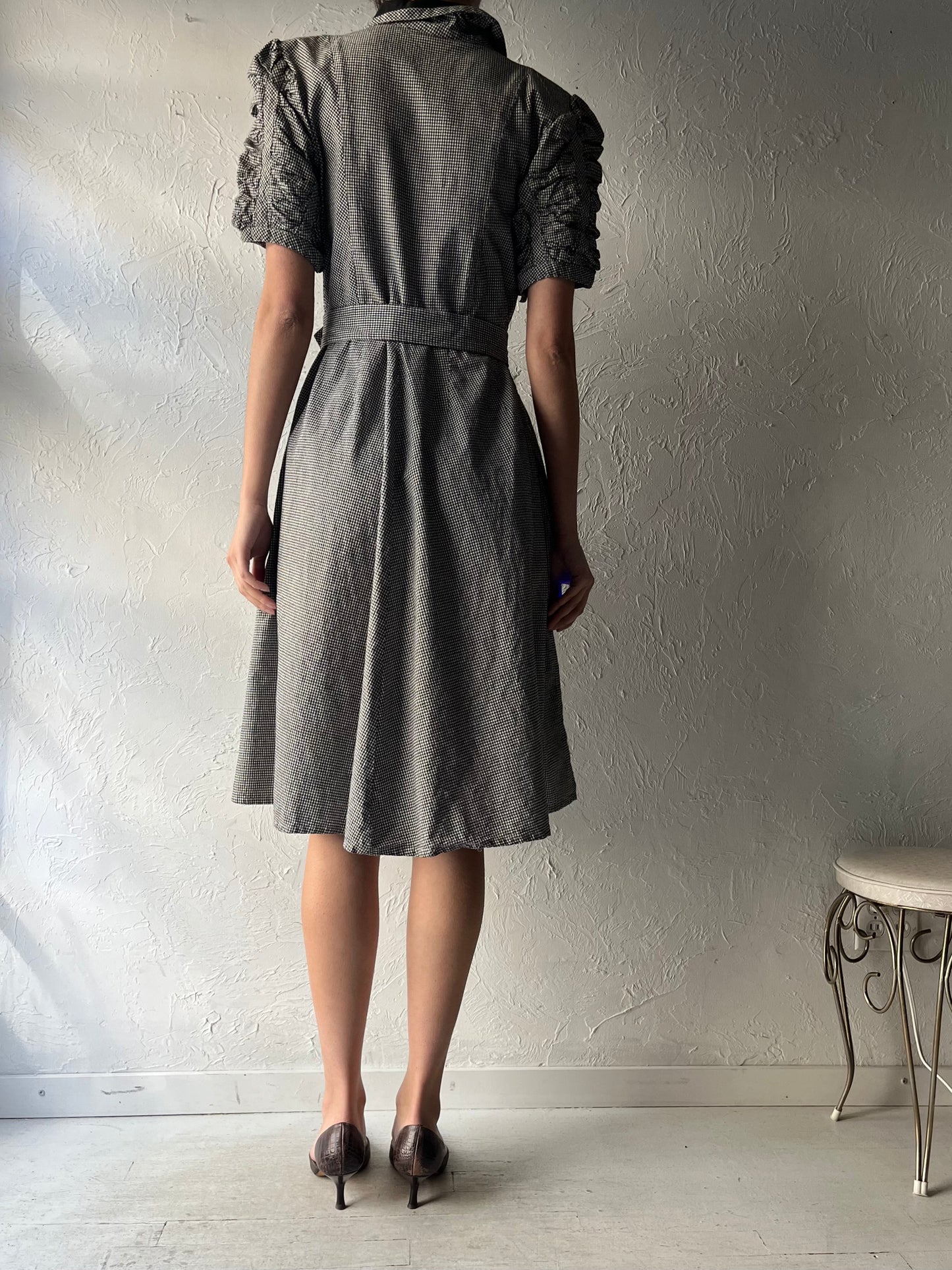 90s 'Kue Li' Black & White Plaid Preppy School Girl Dress / Vintage Academia Midi Dress / Small /