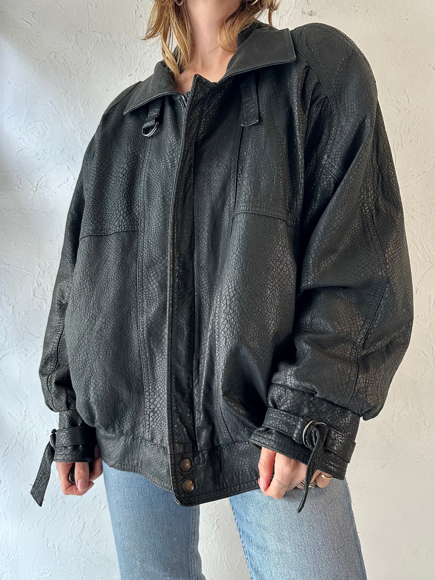 90s 'Boutique of Leathers' Black Snakeskin Bomber Jacket / Large