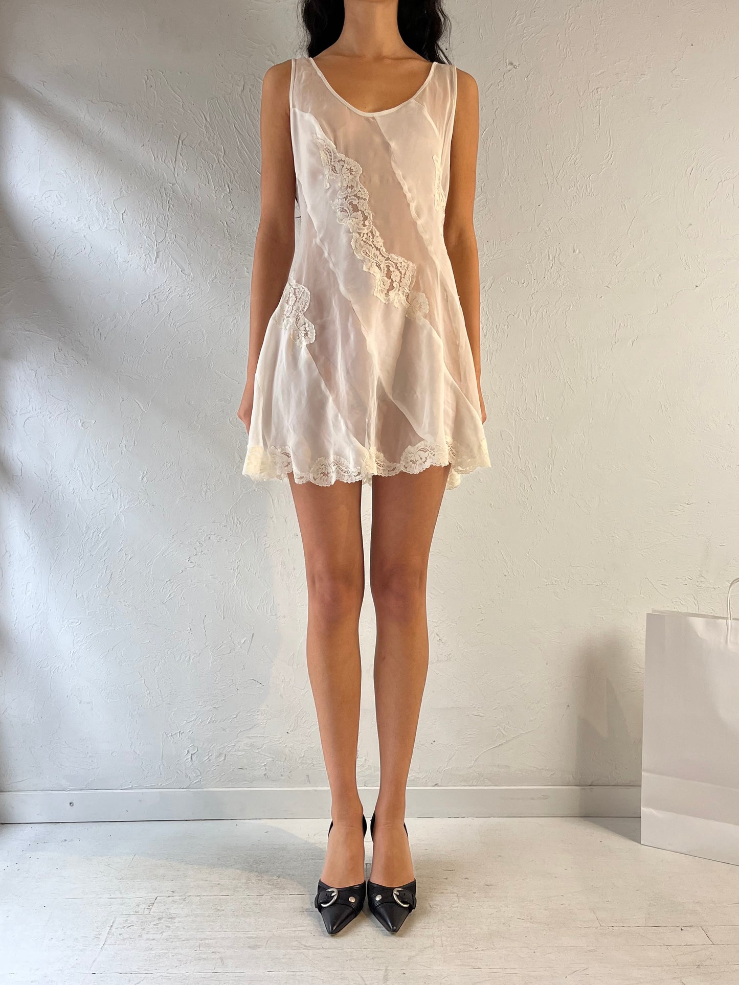 Vintage ‘Victoria Secret’ White Sheer Mini Slip Dress / Medium