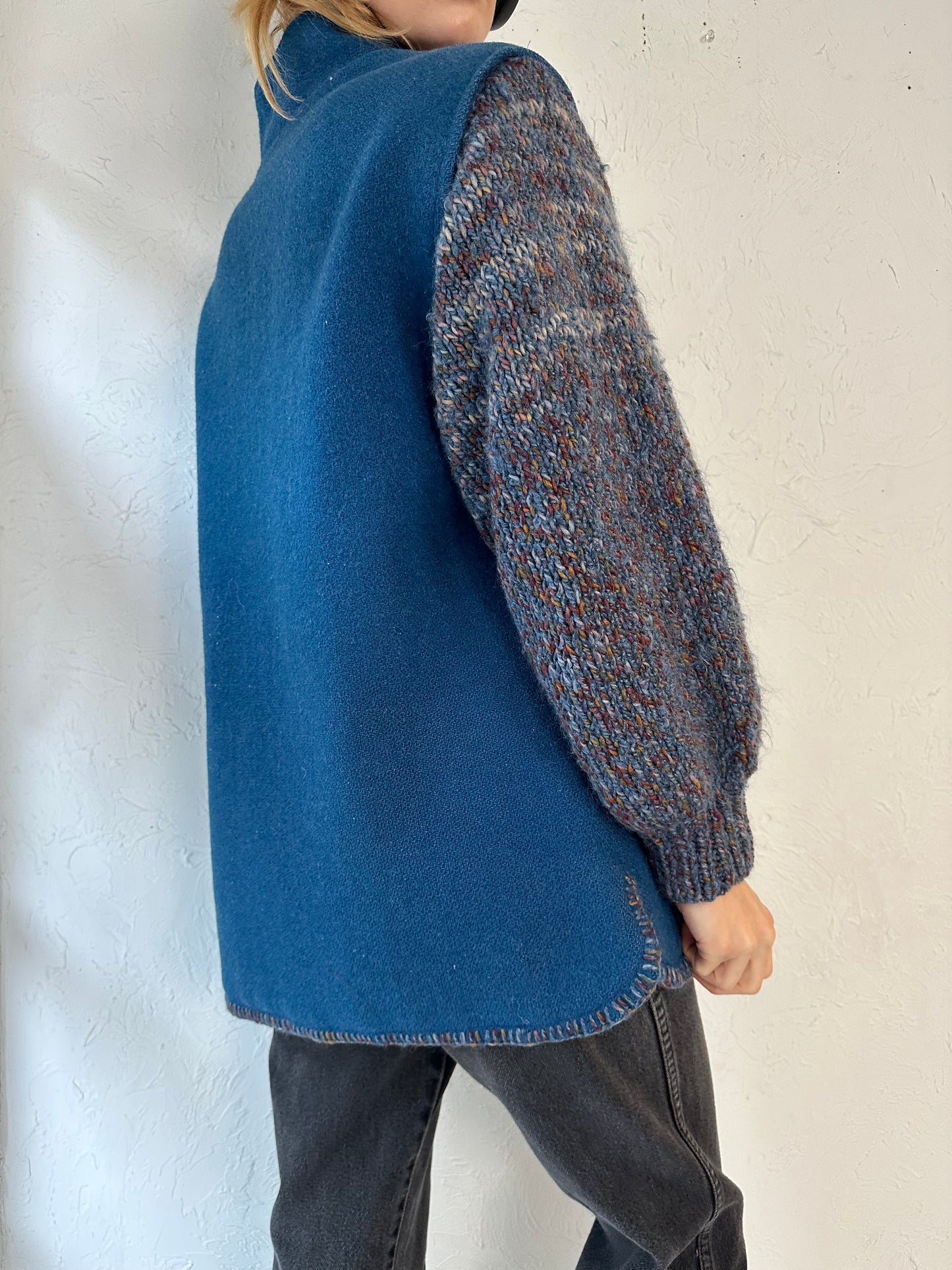 Vintage Hand Knit Wool Jacket with Knit Sleeves / Medium