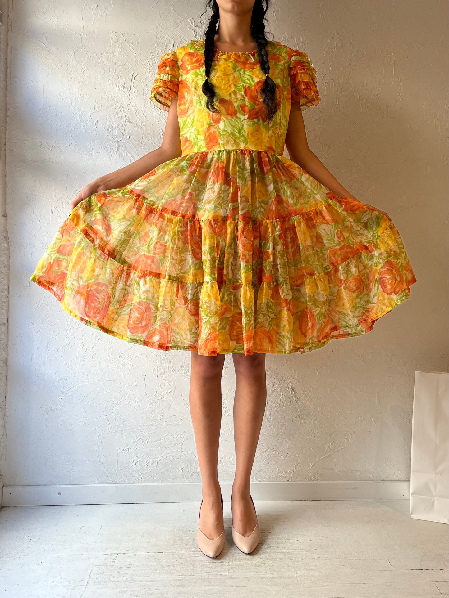 60s 'Glamour Dance Craft Ltd.' Tiered Floral Midi Dress / Medium