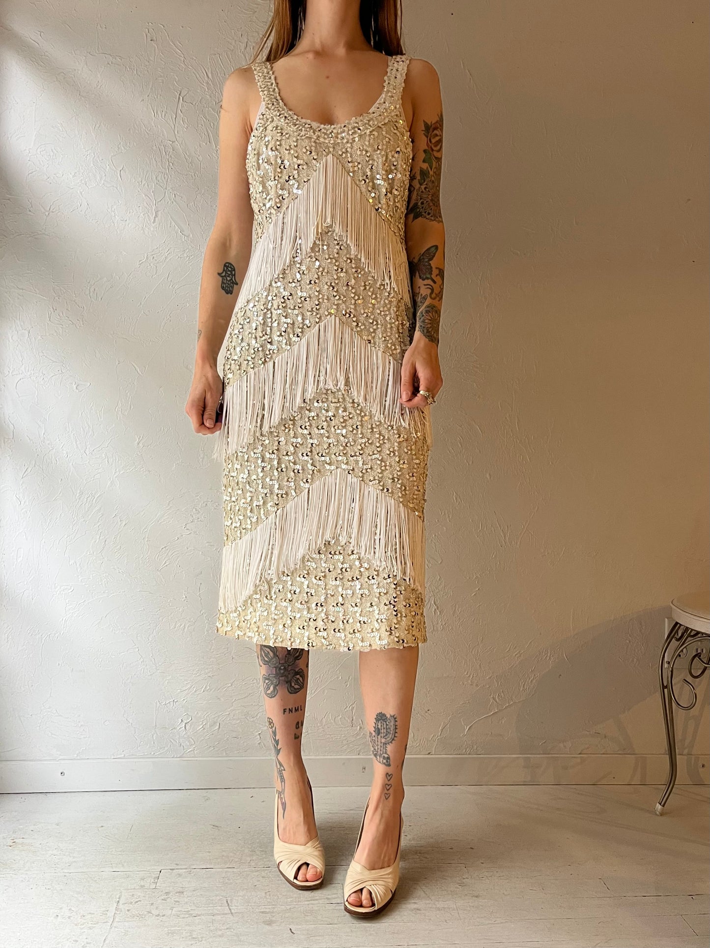 70s 'Lilli Diamond' Silver Sequin Fringe Dress / Medium