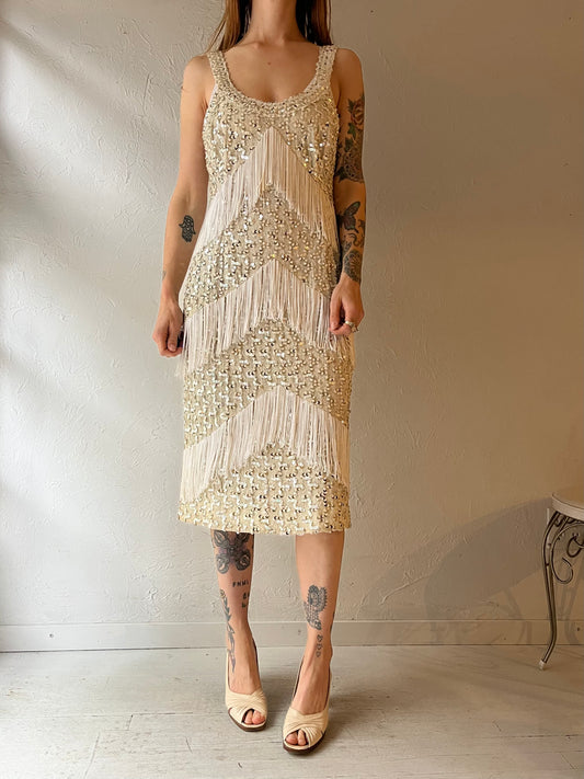 70s 'Lilli Diamond' Silver Sequin Fringe Dress / Medium