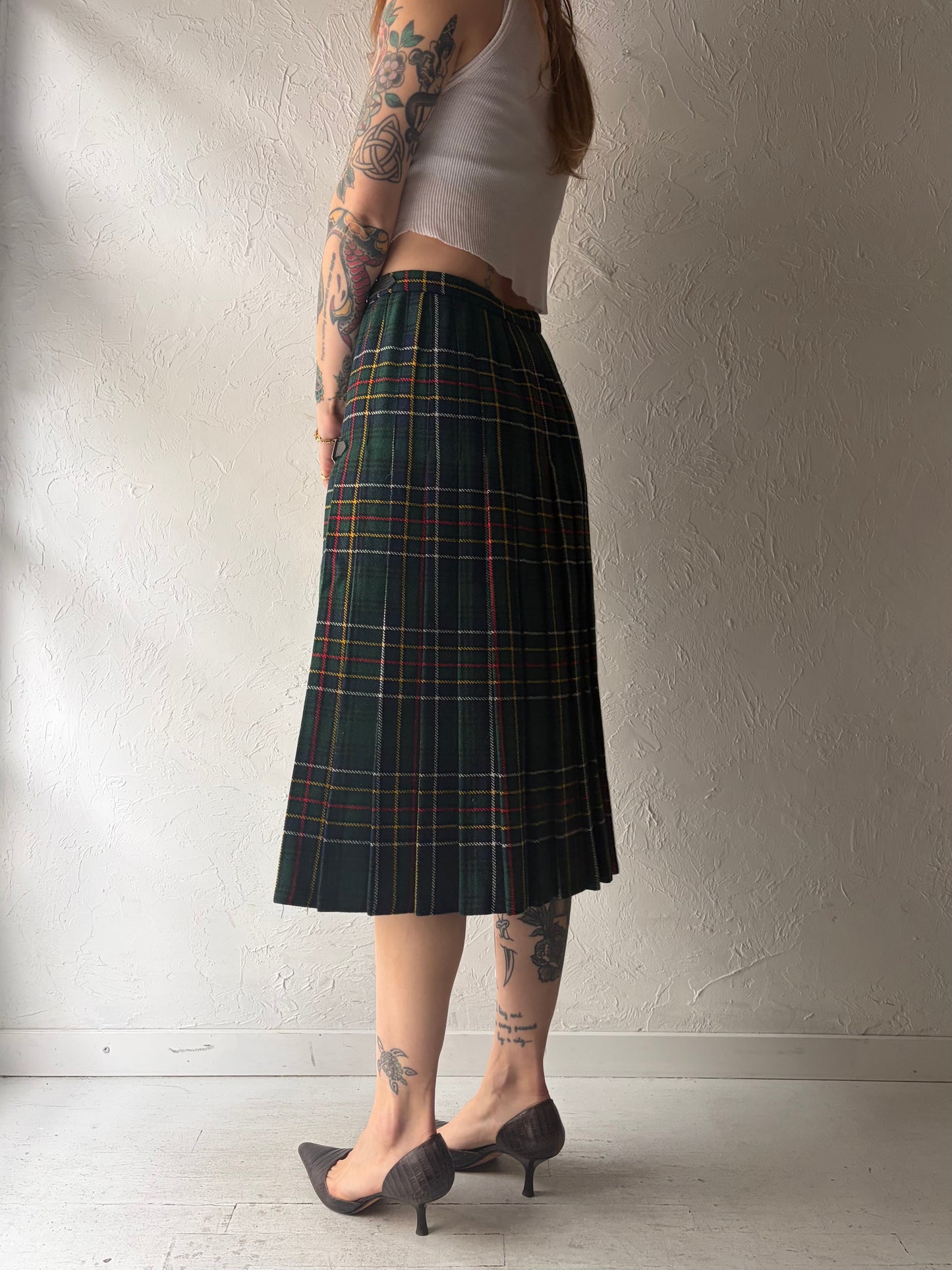 80s 'Julius' Green Plaid Pleated Preppy Academia Midi Skirt / Small
