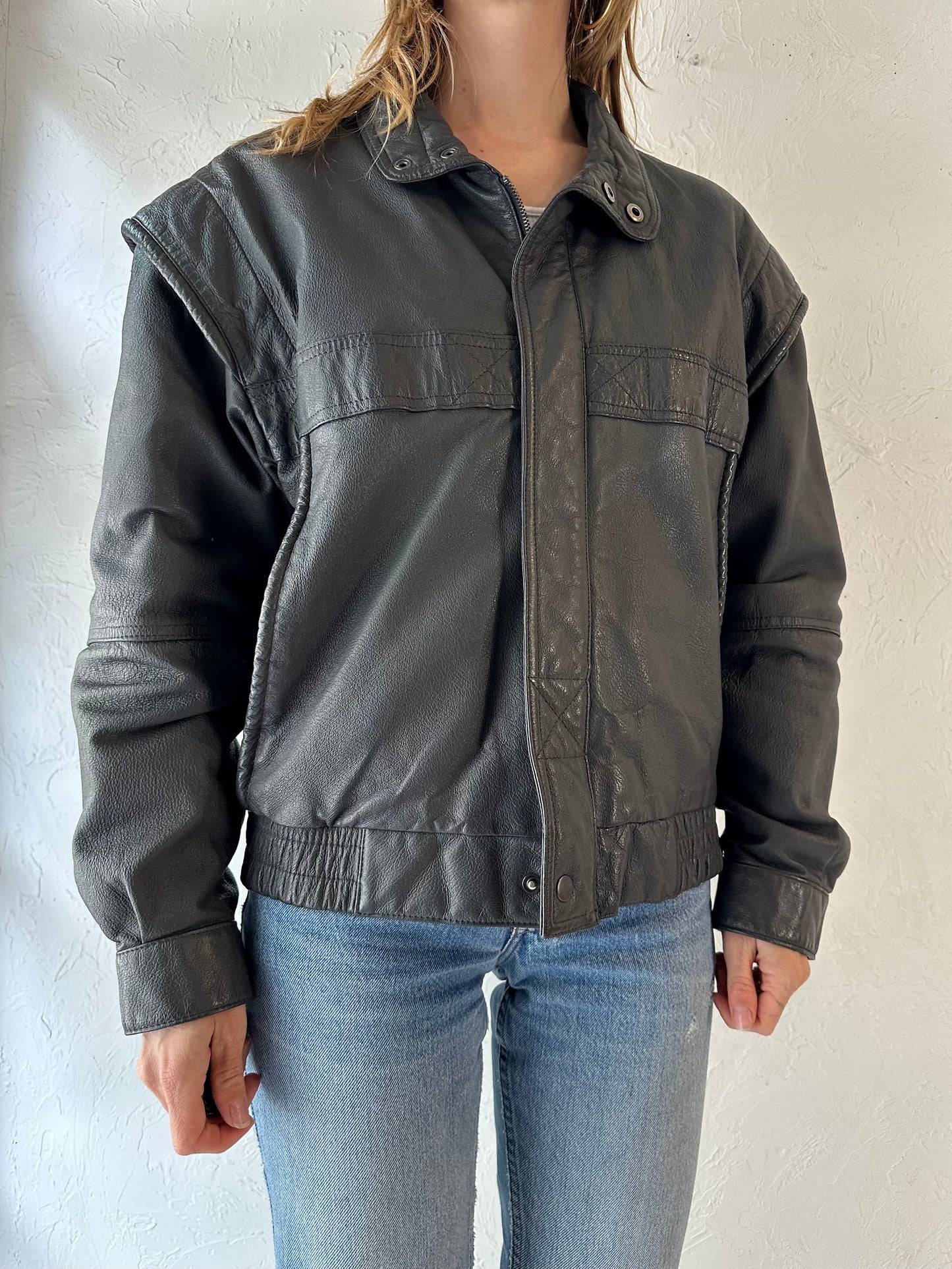 90s 'Phase 2' Faux Fur Lined Gray Leather Jacket / Small