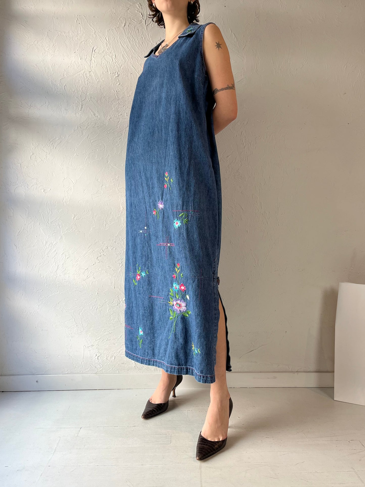 90s 'Studio Ease' Embroidered Denim Maxi Dress / Large