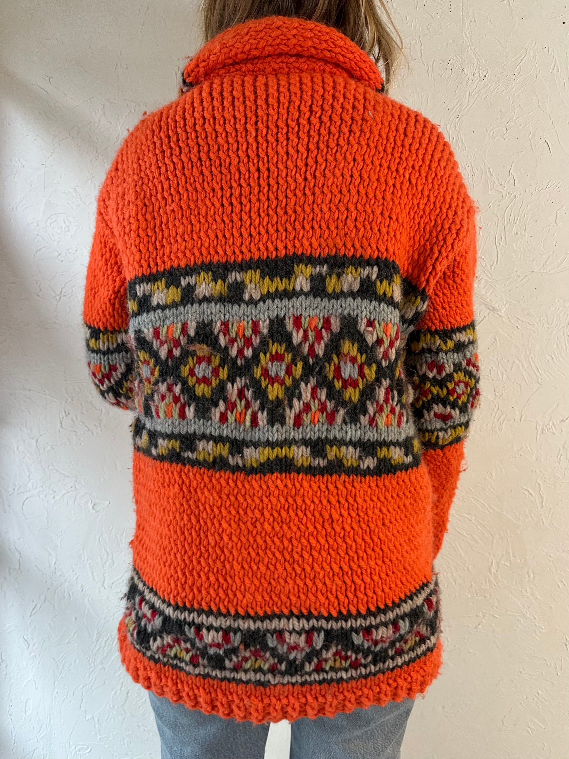 Vintage Hand Knit Orange Sweater / Large