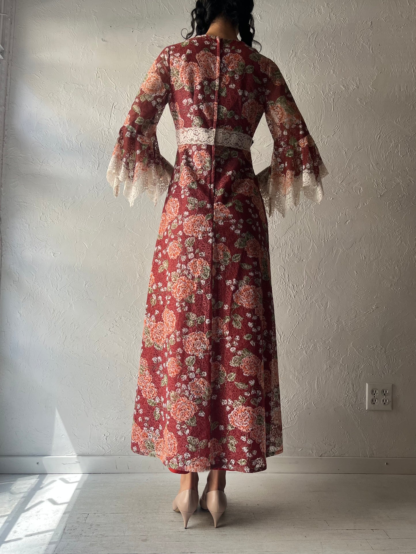 70s Burgundy Floral Lace Peasant Dress / Small