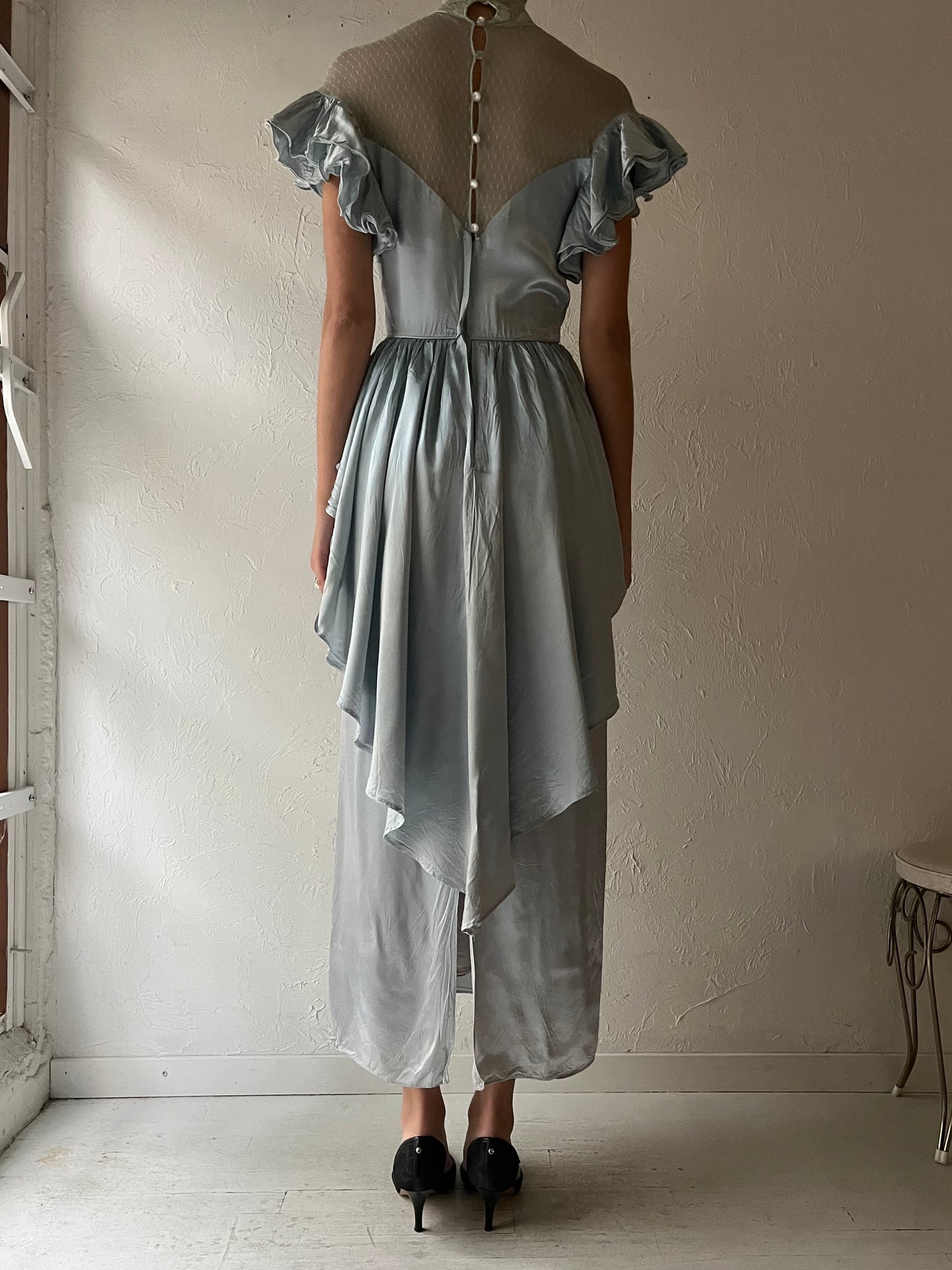 80s Pale Blue Formal Satin Dress / Small