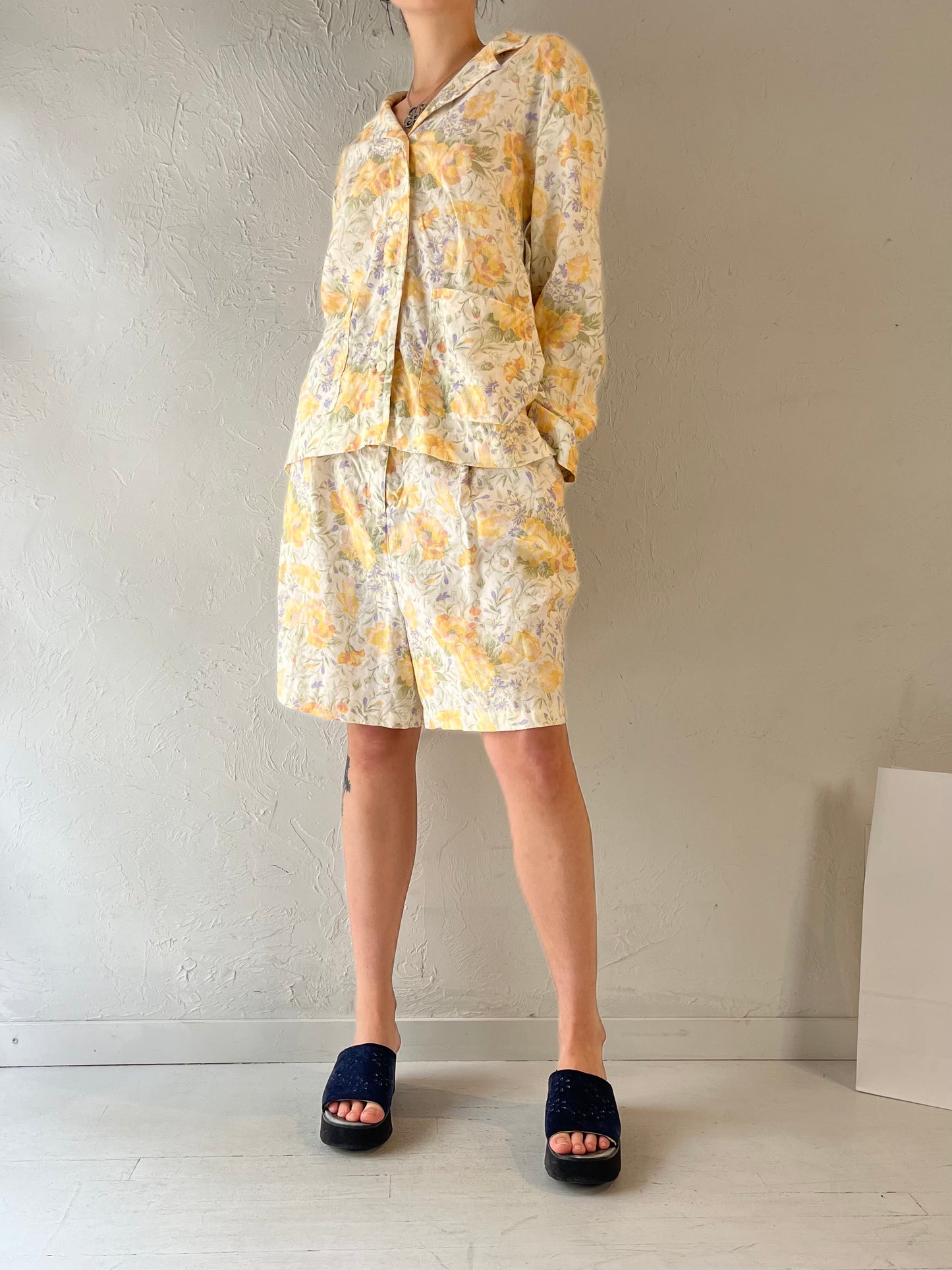 90s 'Jones Wear' Yellow Floral Linen Set / Large