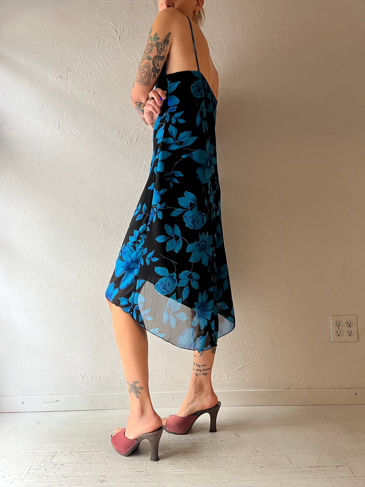 Y2k 'Fairweather' Blue Floral Print Assymetrical Dress / Large