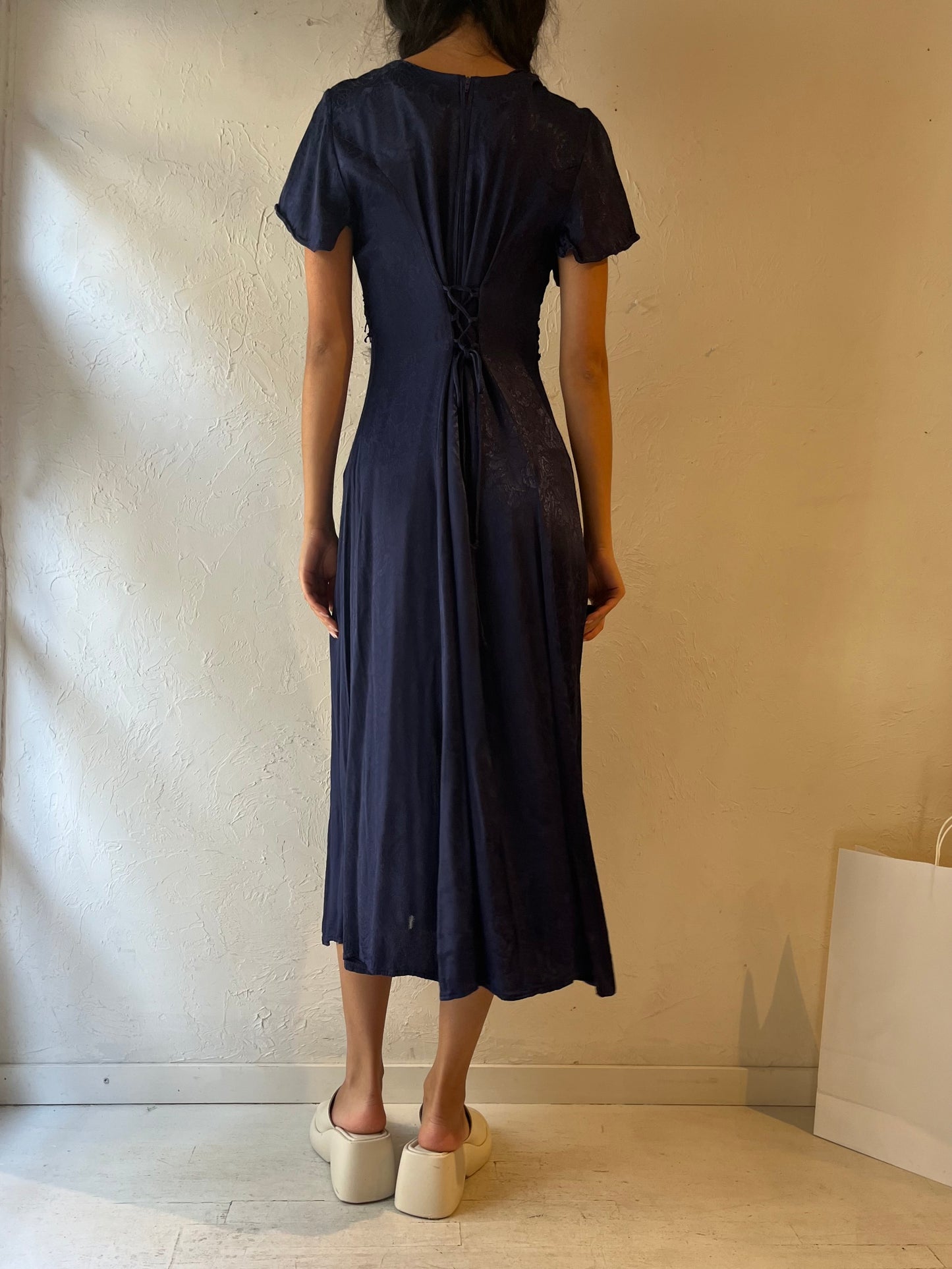 90s 'Jody' Navy Blue Silky Rayon Midi Dress / Small - Medium