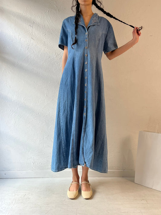 90s ‘Tickets’ Embroidered Denim Dress / Large