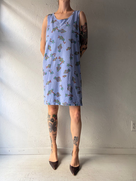 80s 'Fresh Produce' Purple Fish Print Summer Dress / Vintage 1980s Novelty Print Cotton Beach Dress / Medium