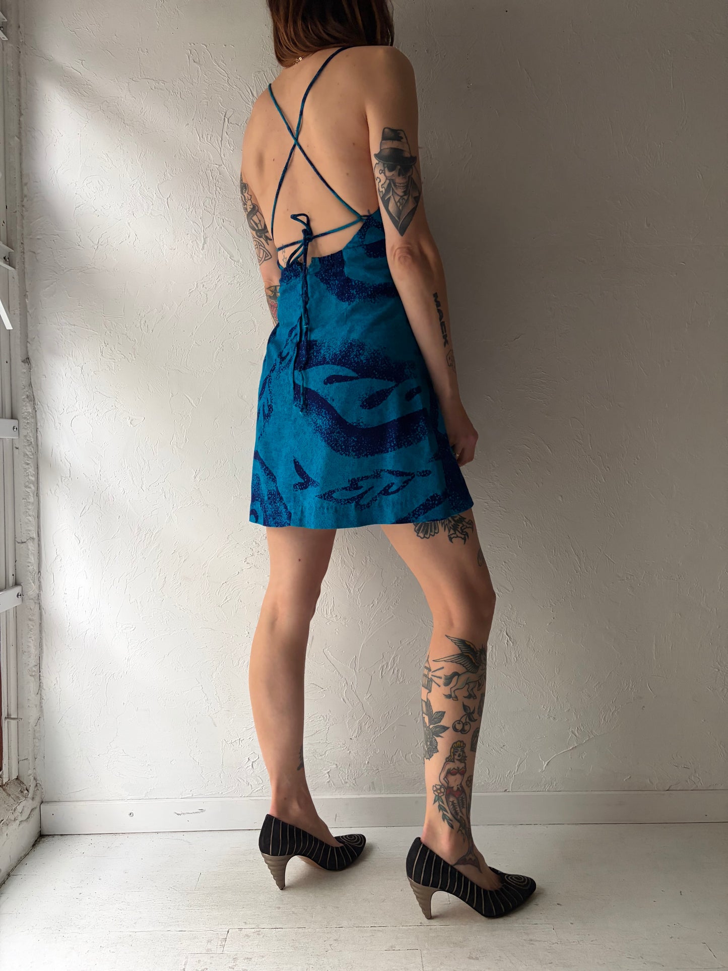 70s 'Fumis' Vintage Blue Halter Micro Mini Hippy Dress / Small