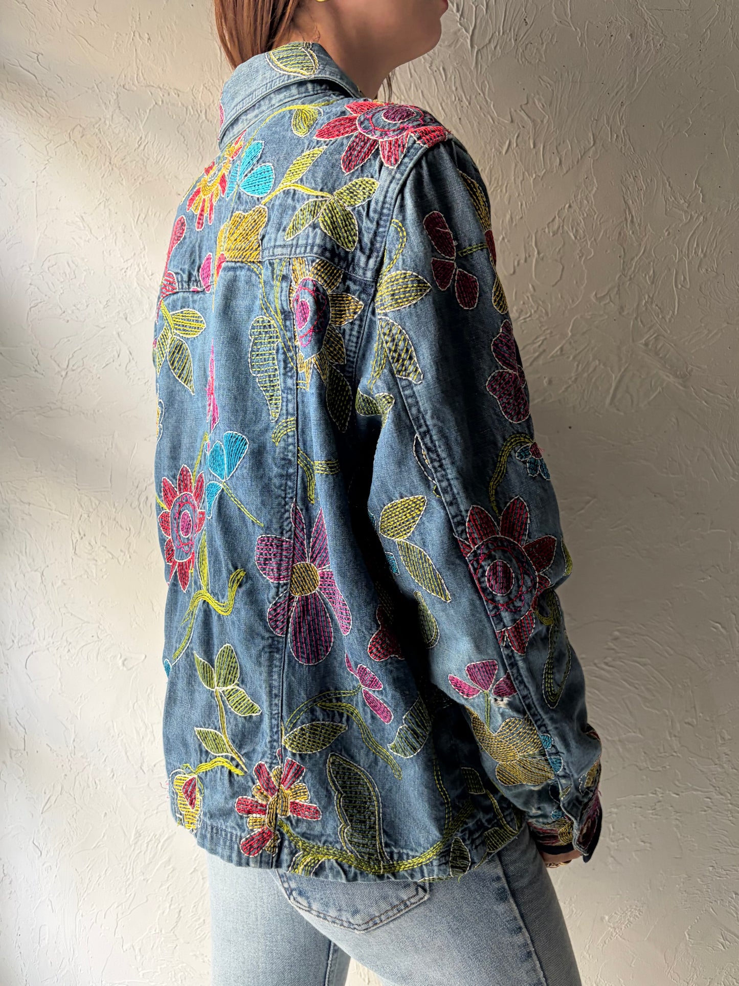 Y2k Floral Denim Retro Boho Jacket / 2000s Embroidered Cottagecore Jean Jacket / Large