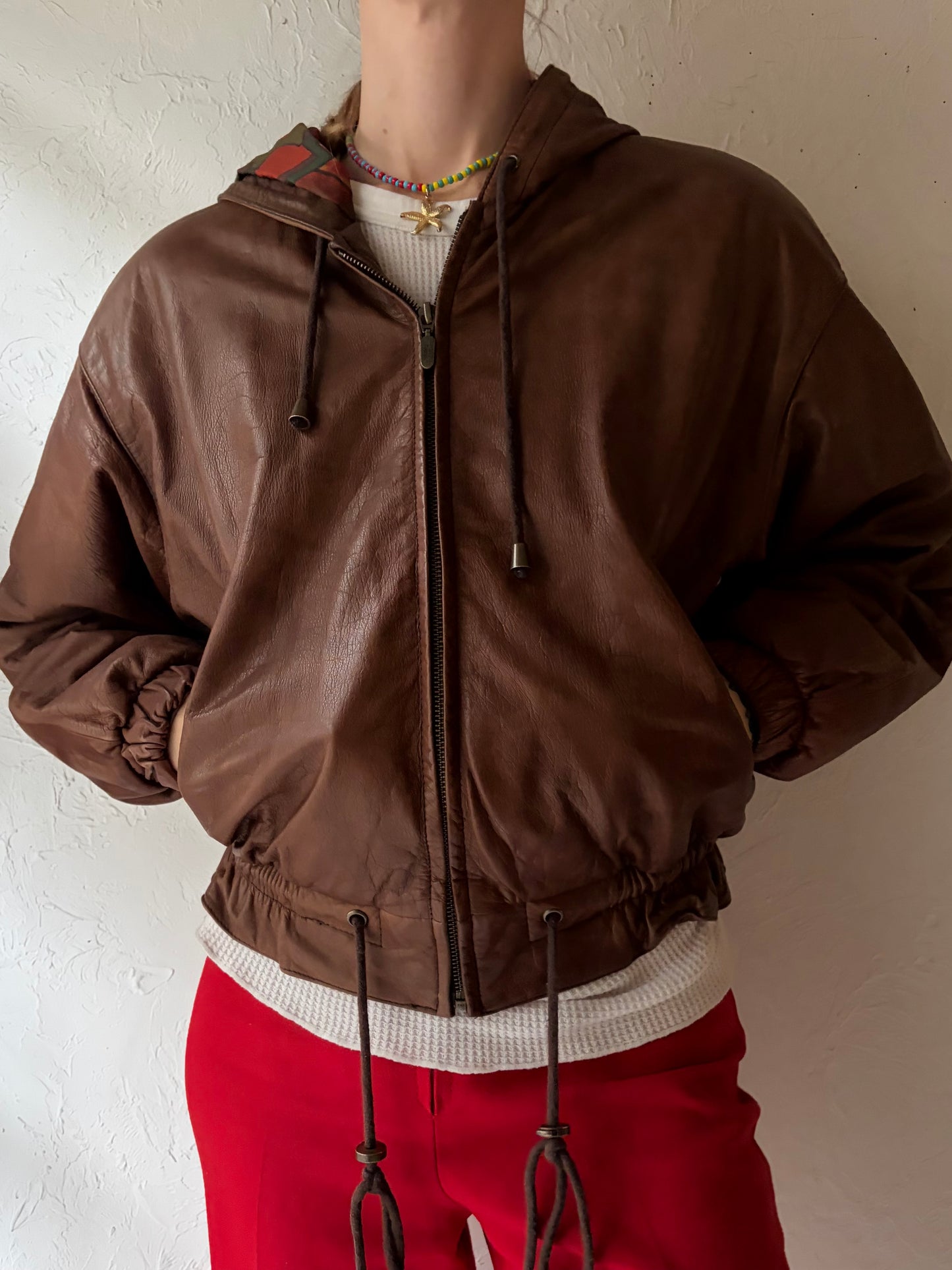 90s 'Adventure Bound' Brown Cropped Hooded Leather Jacket / Small