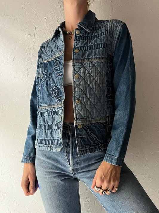 Y2k 'Sophisticate & Co' Blue Patchwork Quilted Denim Boho Fairy Grunge Embroidered Jean Jacket / Small