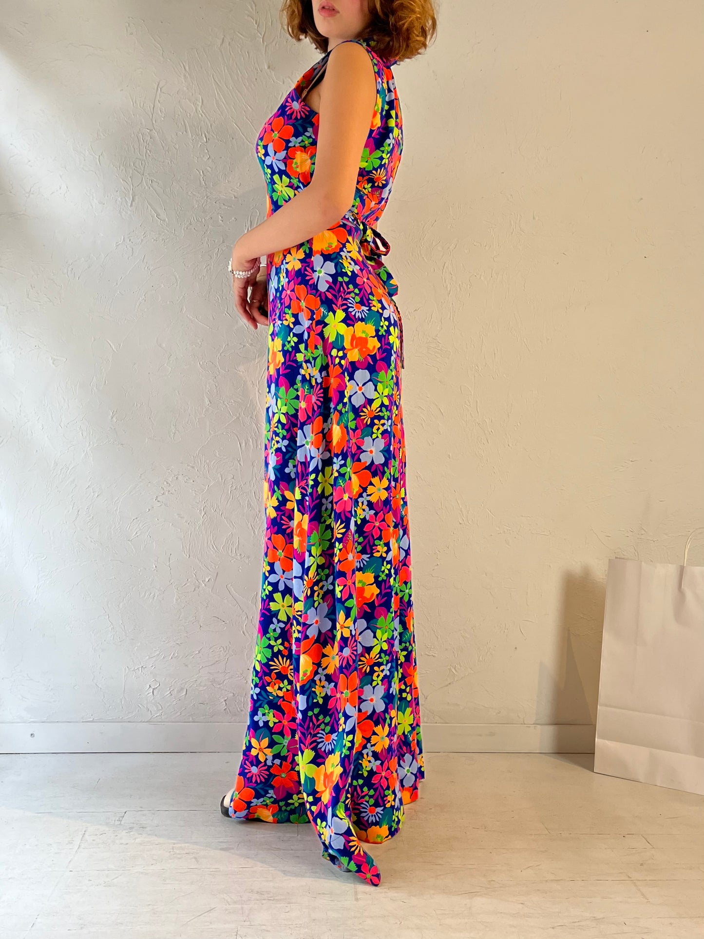 Vintage Handmade Retro Floral Print Maxi Dress / Medium