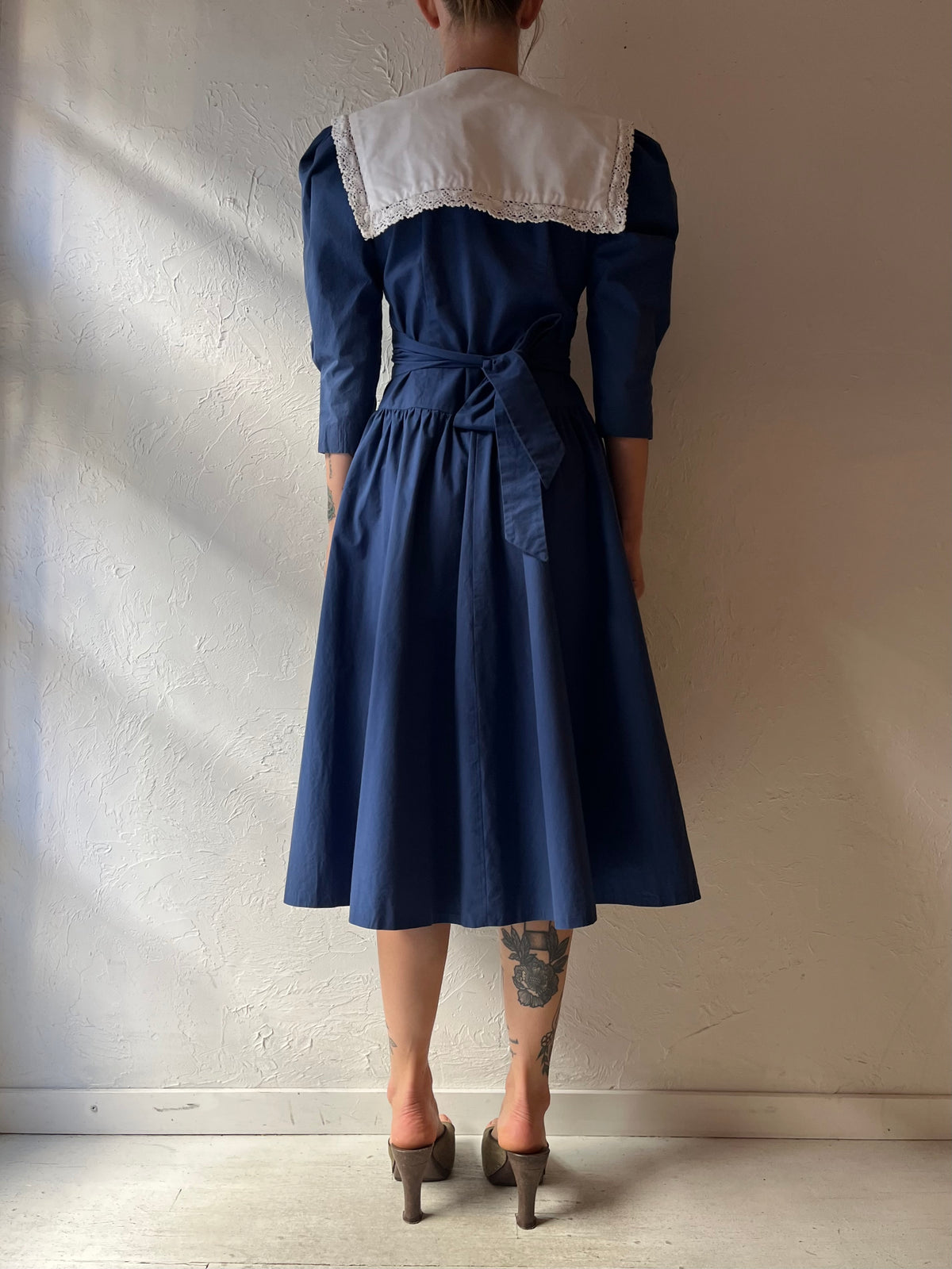 Vintage Handmade Blue Prairie Cottagecore Drop Waist Midi Dress / Small