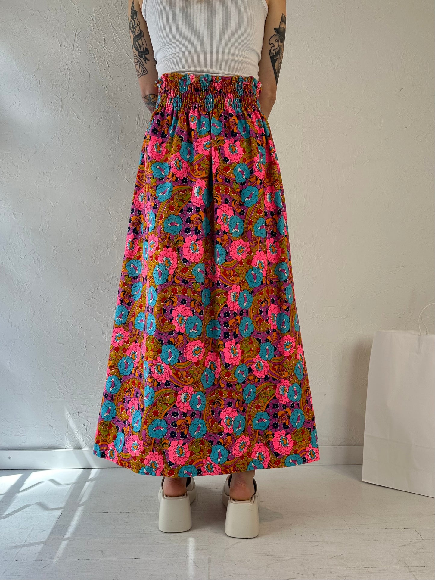 70s 'Beverly Vogue' Retro Floral Cotton Maxi Skirt / Medium