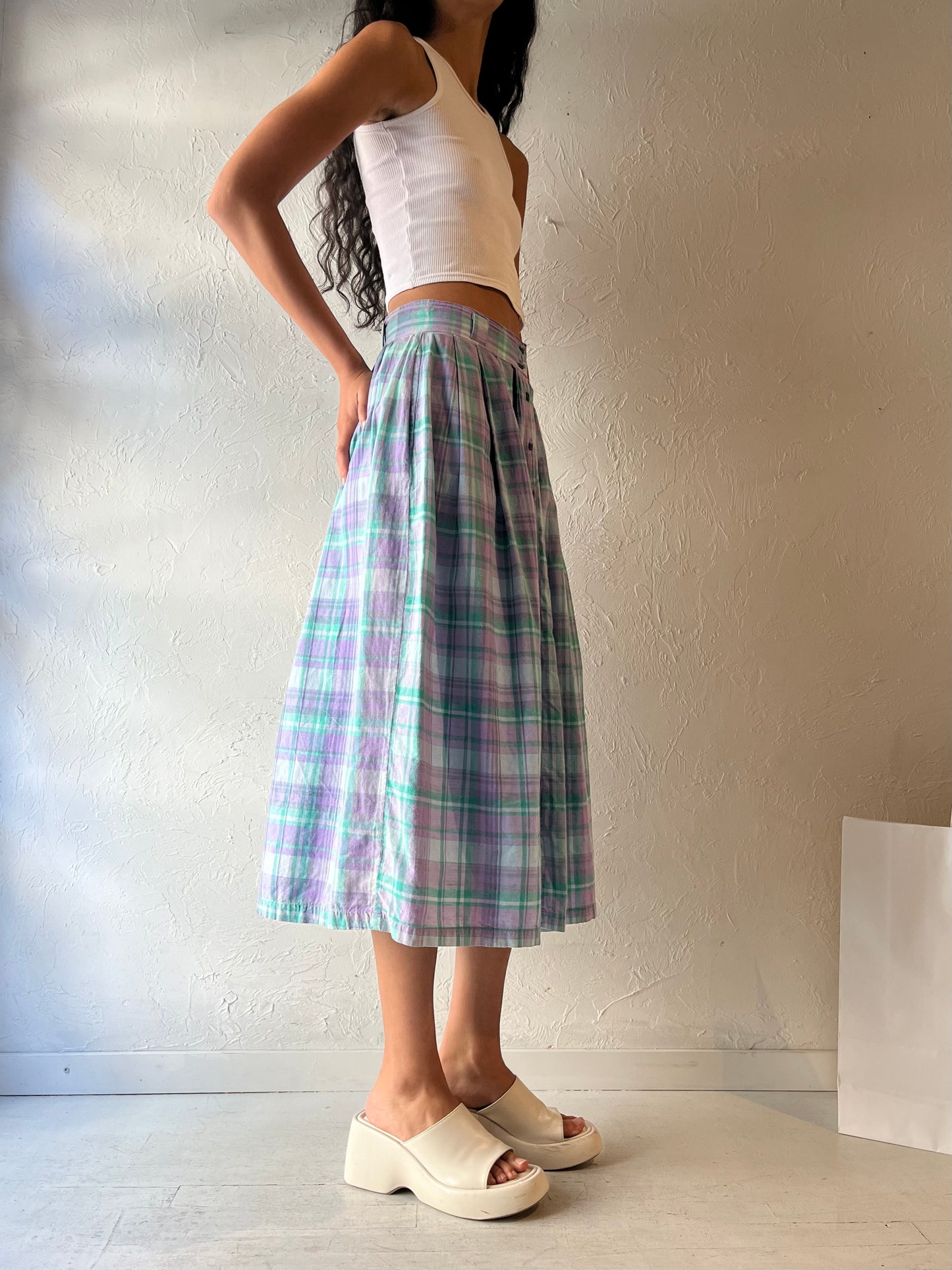 90s 'Southern Comforts' Plaid Cotton Midi Skirt / Small - Medium