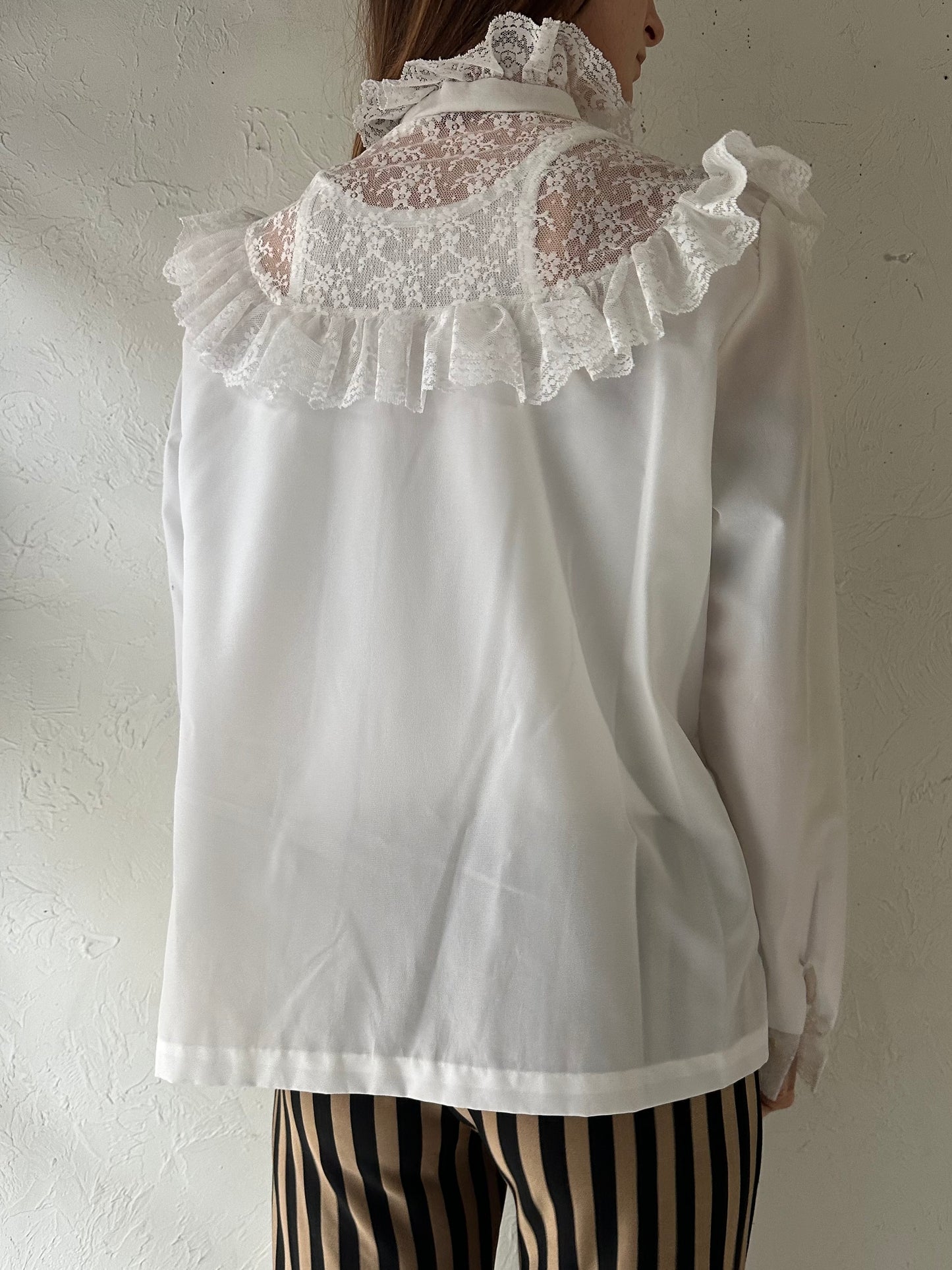 70s White Ruffle Lace Prairie Blouse / Medium