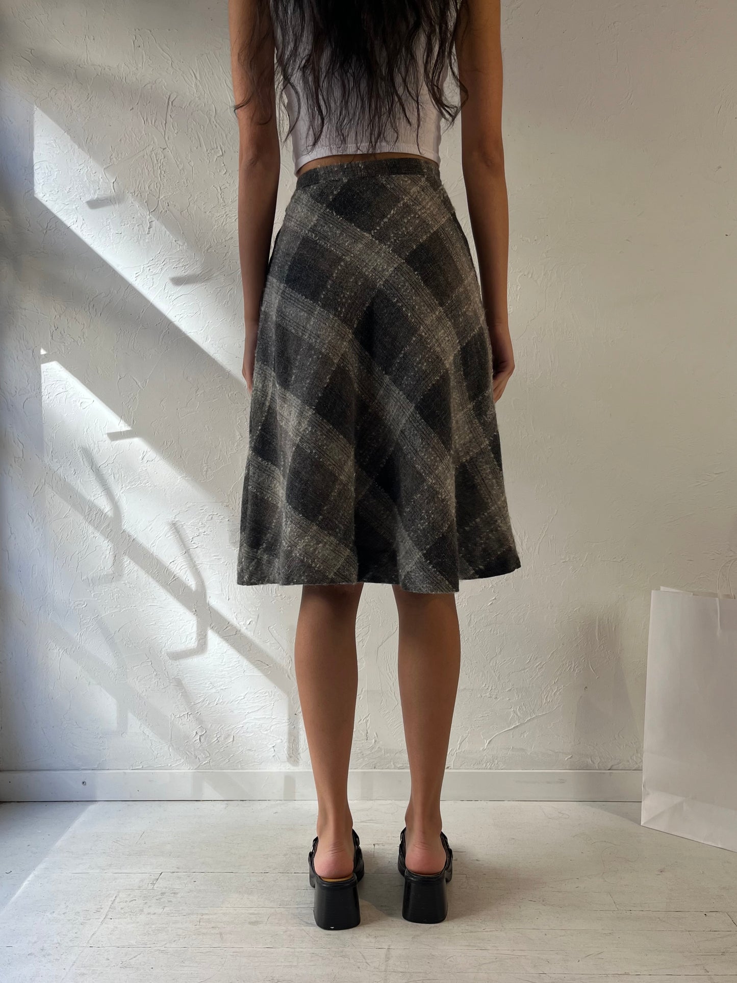 80s 'Casualaire' Grey Plaid Midi Skirt / Small