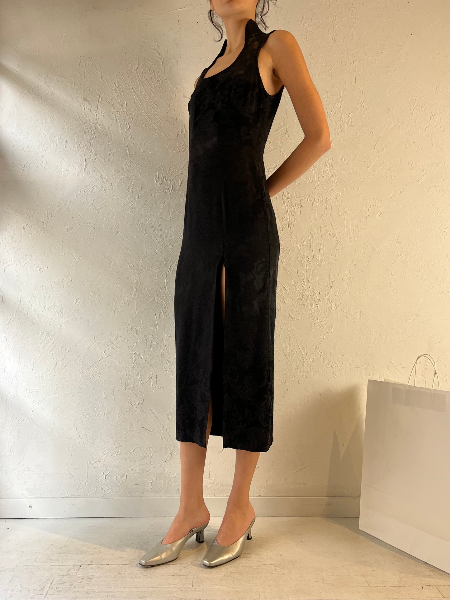 90s ‘Le Chateau’ Black Embossed Midi Dress / Small