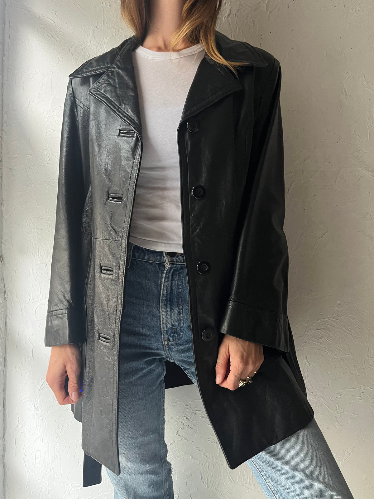 90s 'Dan Di Modes' Black Leather Half Trench Coat / Medium