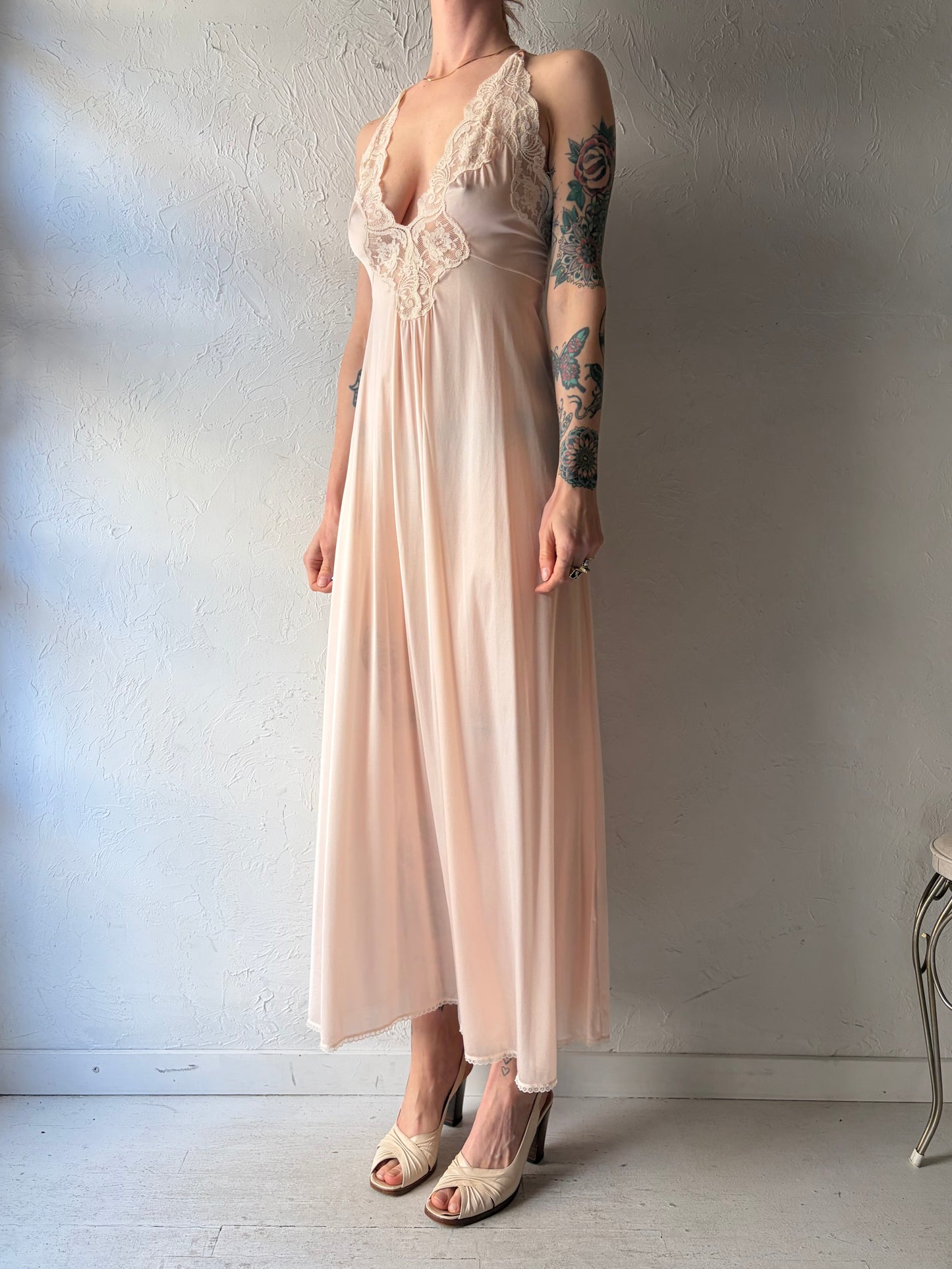 80s 'Miss Elaine' Peach Lacey Maxi Slip Dress / Union Made / Small