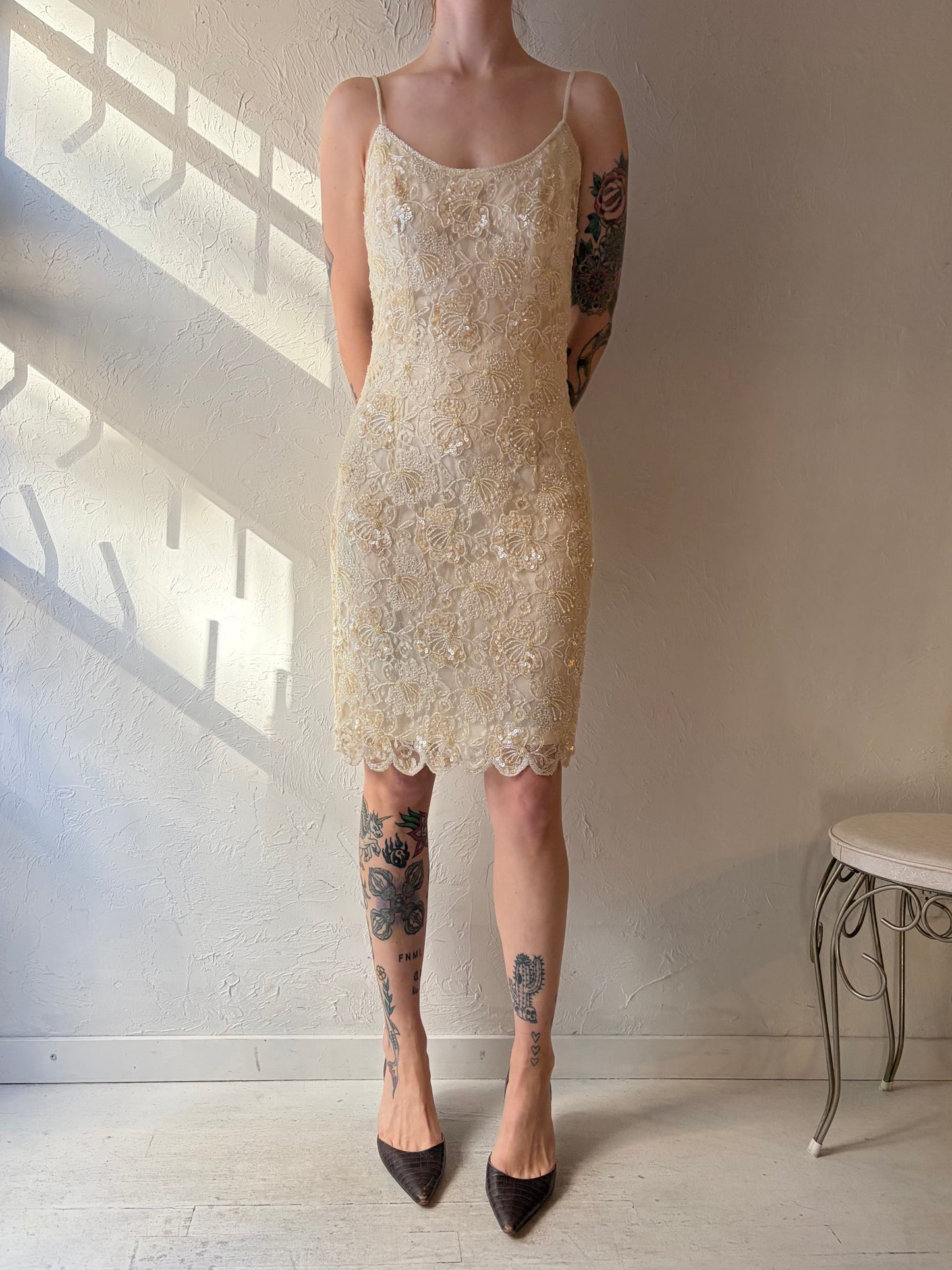 90s JRT' Cream Beaded Lace Dress / Small