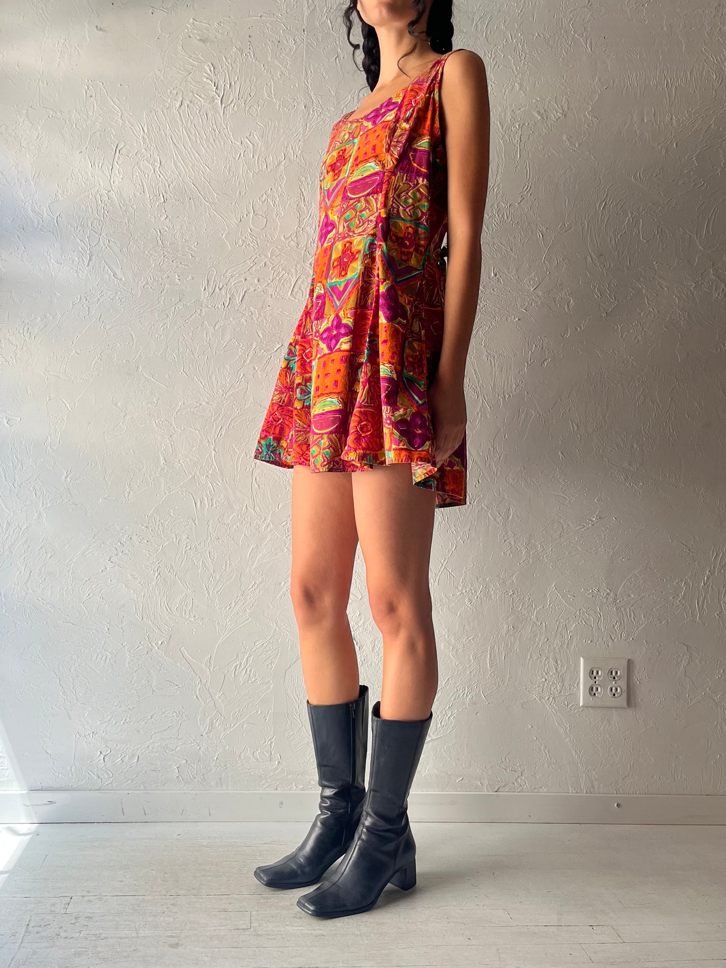 90s 'La Lingerie' Patterned Cotton Mini Dress / Medium