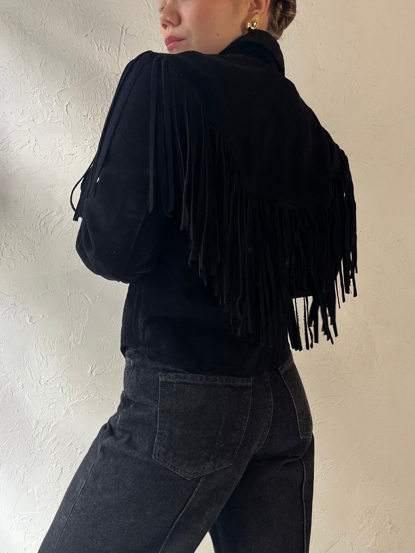 80s 'Genuine Leather' Black Suede Fringe Jacket / Medium