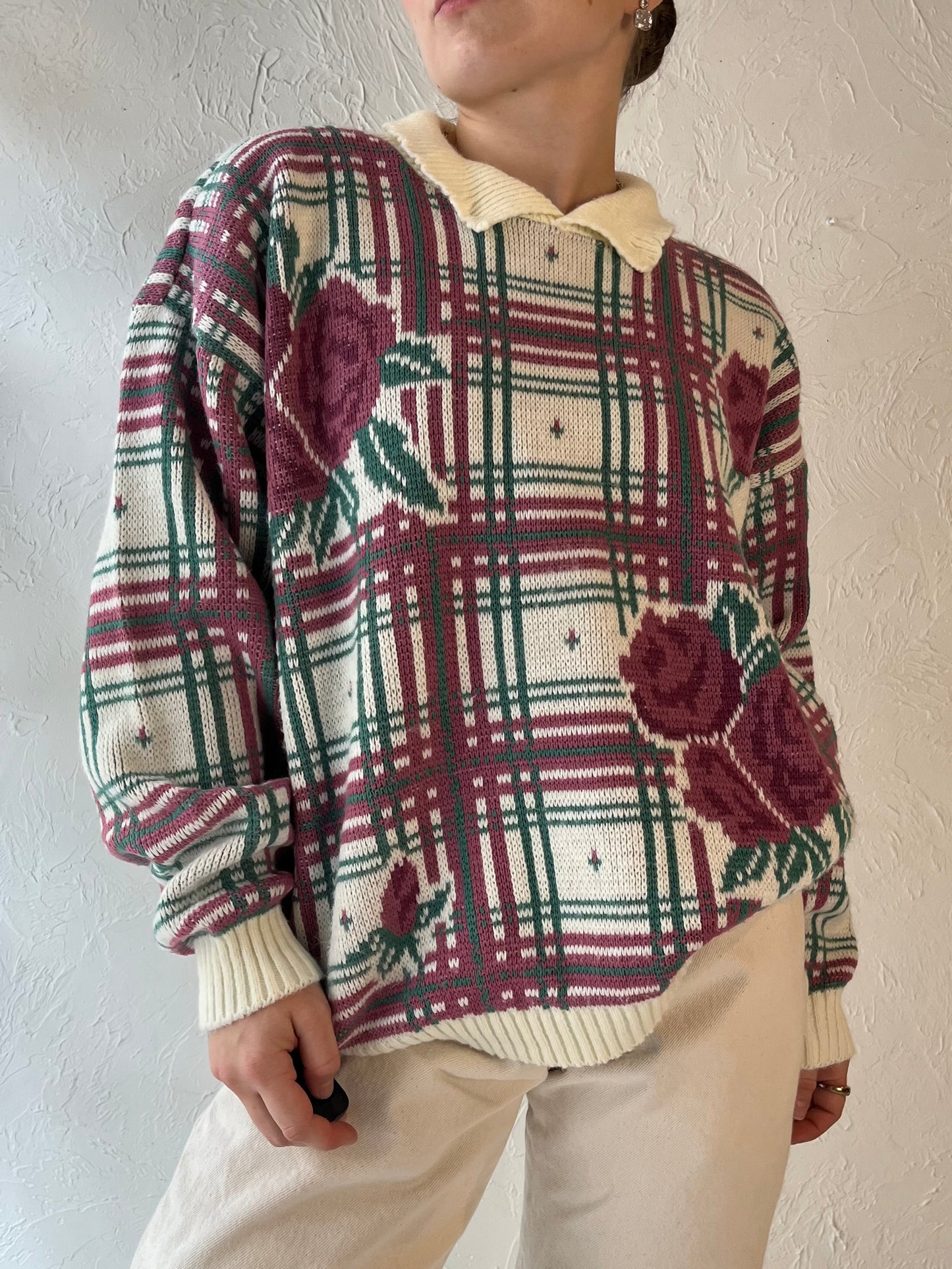 90s 'Cricket Lane' Floral Acrylic Knit Sweater / Medium