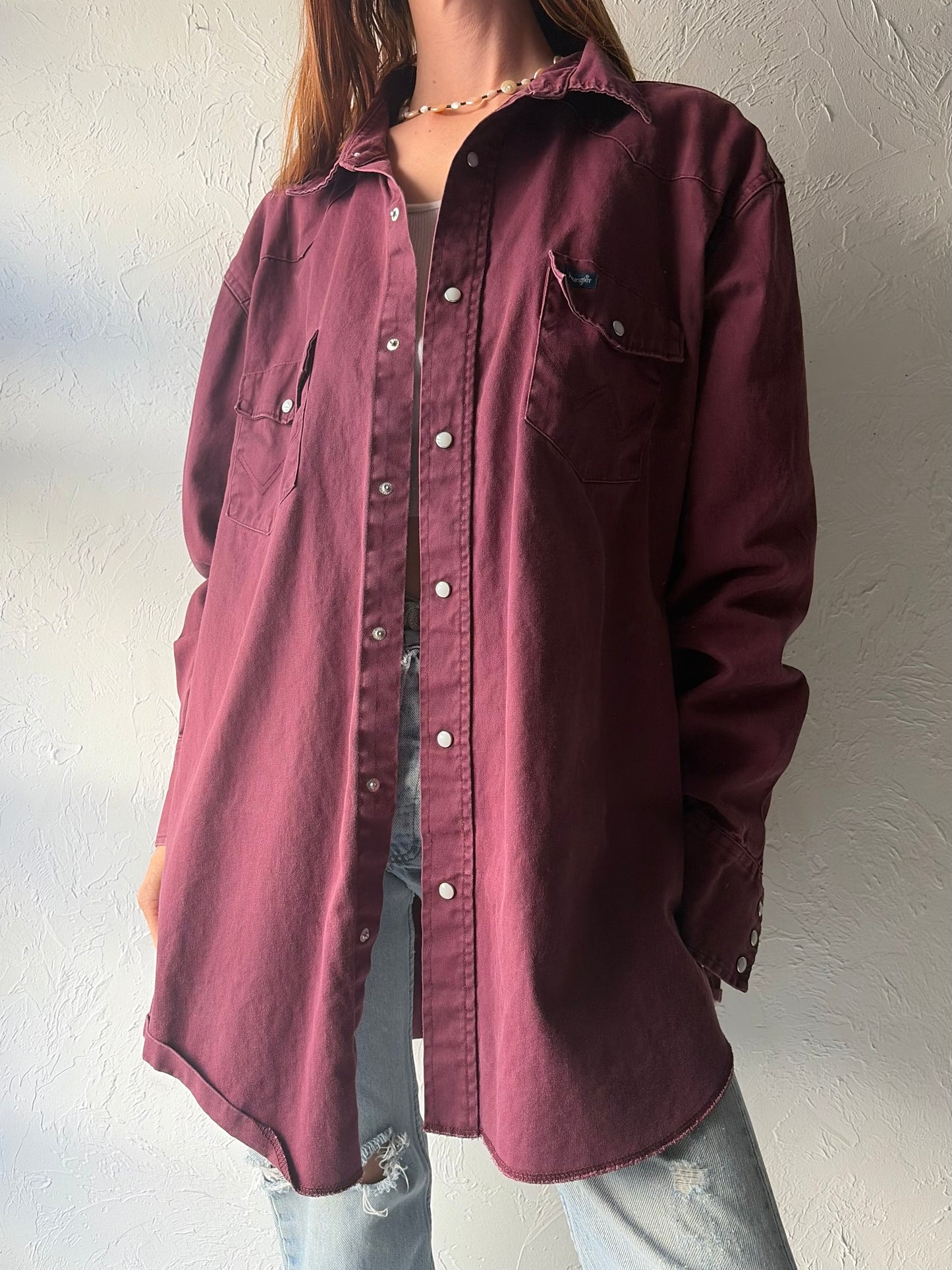 Y2k 'Wrangler' Burgandy Western Cowboy Workwear Pearl Snap Up Shirt / XXL