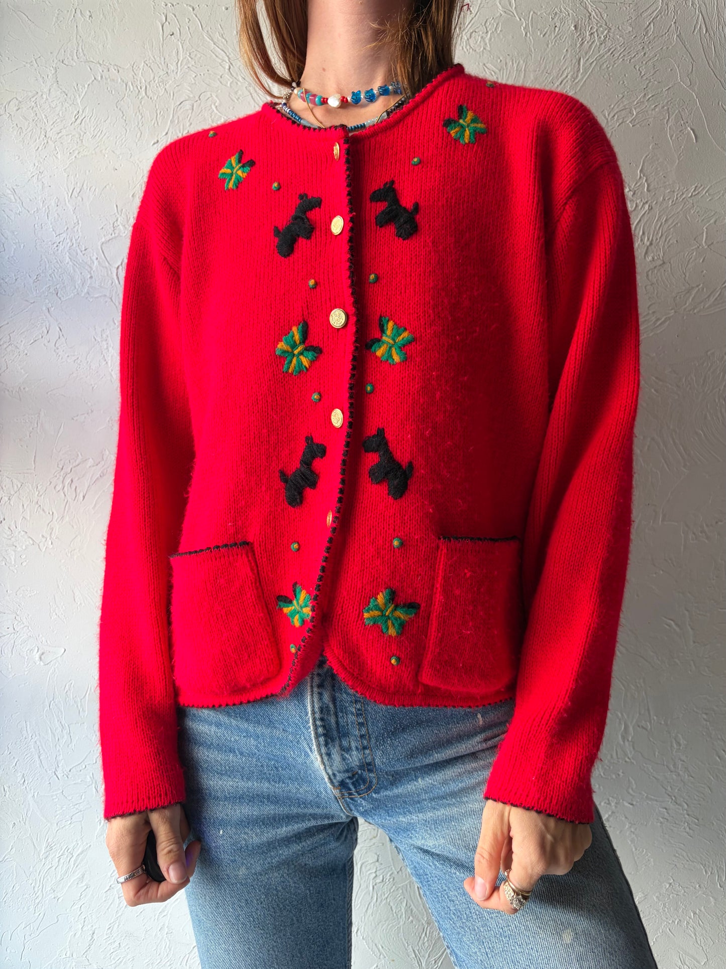 Vintage 'Tally Ho' Red Acrylic Cardigan Sweater / Medium